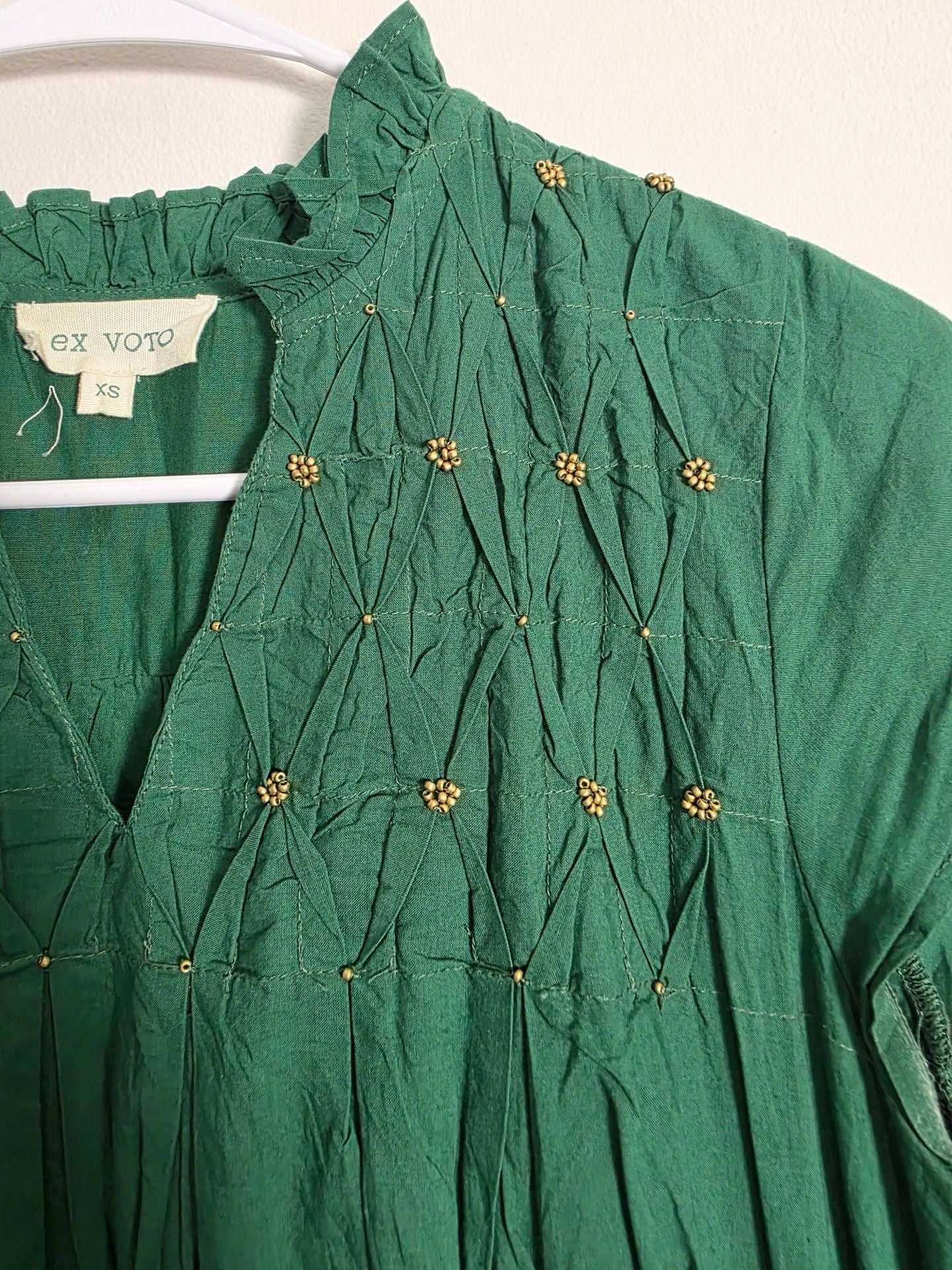 Ex Voto Green Cotton Dress Size XS Smocked Beaded Midi 4
