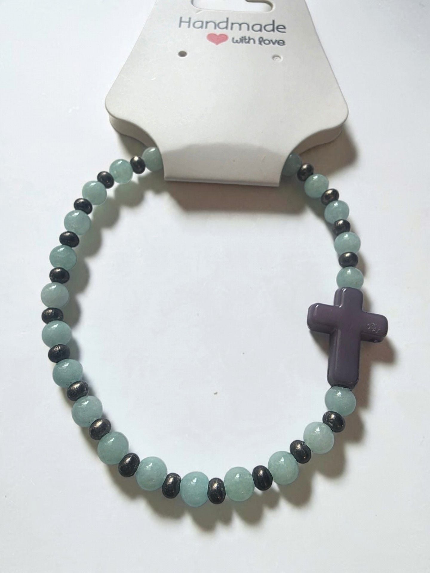 Natural Aquamarine Beaded Stretch Bracelet Grey Cross 1