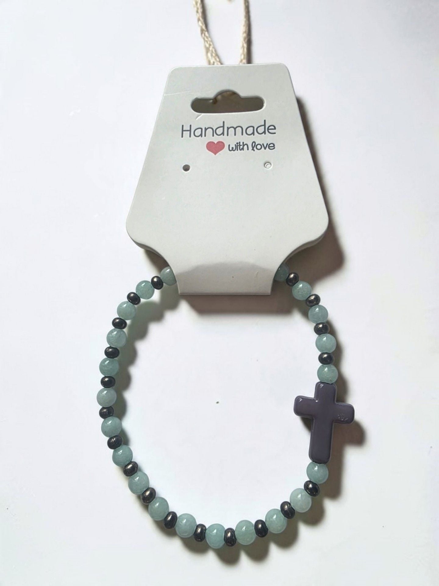 Natural Aquamarine Beaded Stretch Bracelet Grey Cross 3