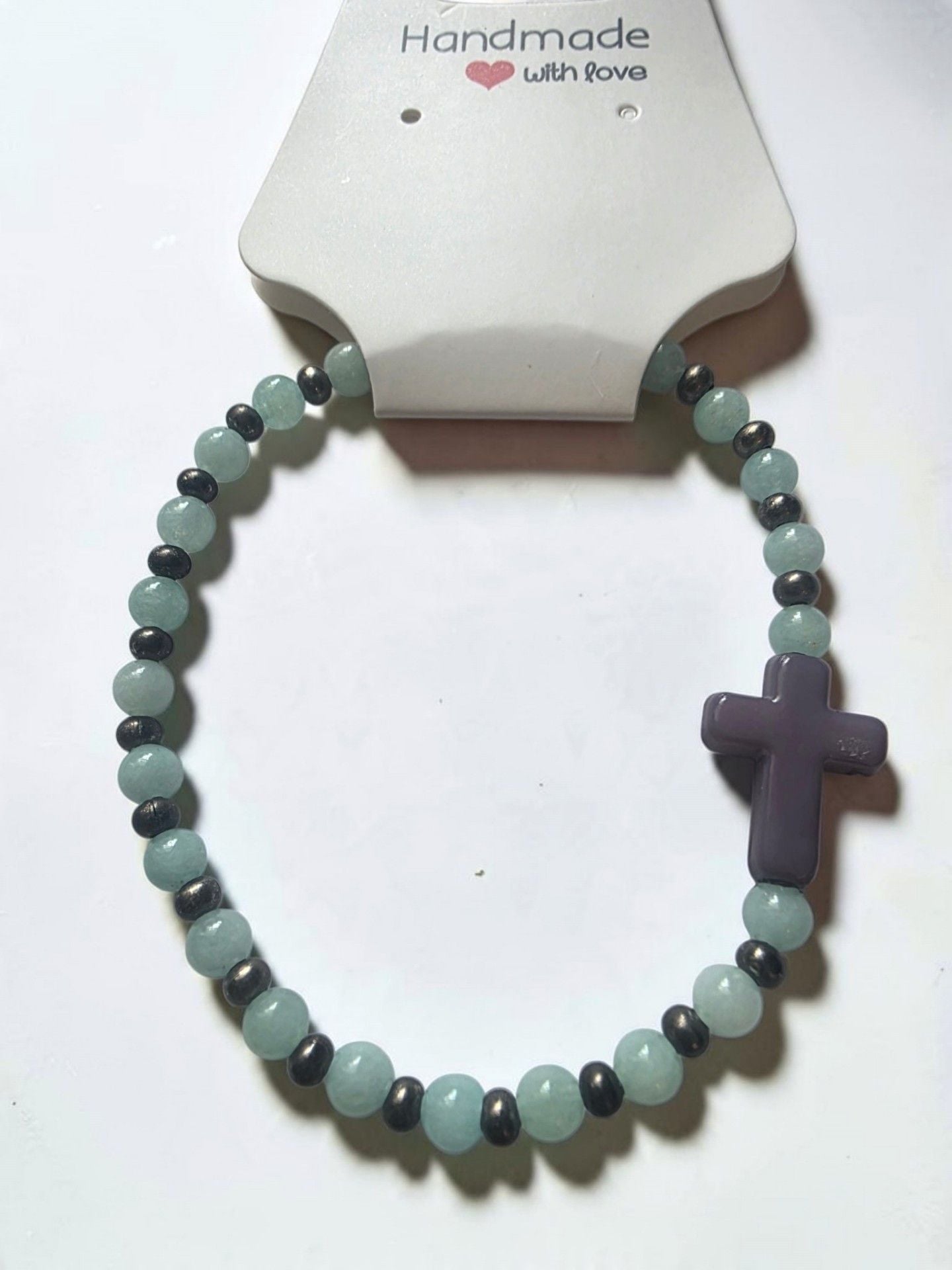 Natural Aquamarine Beaded Stretch Bracelet Grey Cross 6