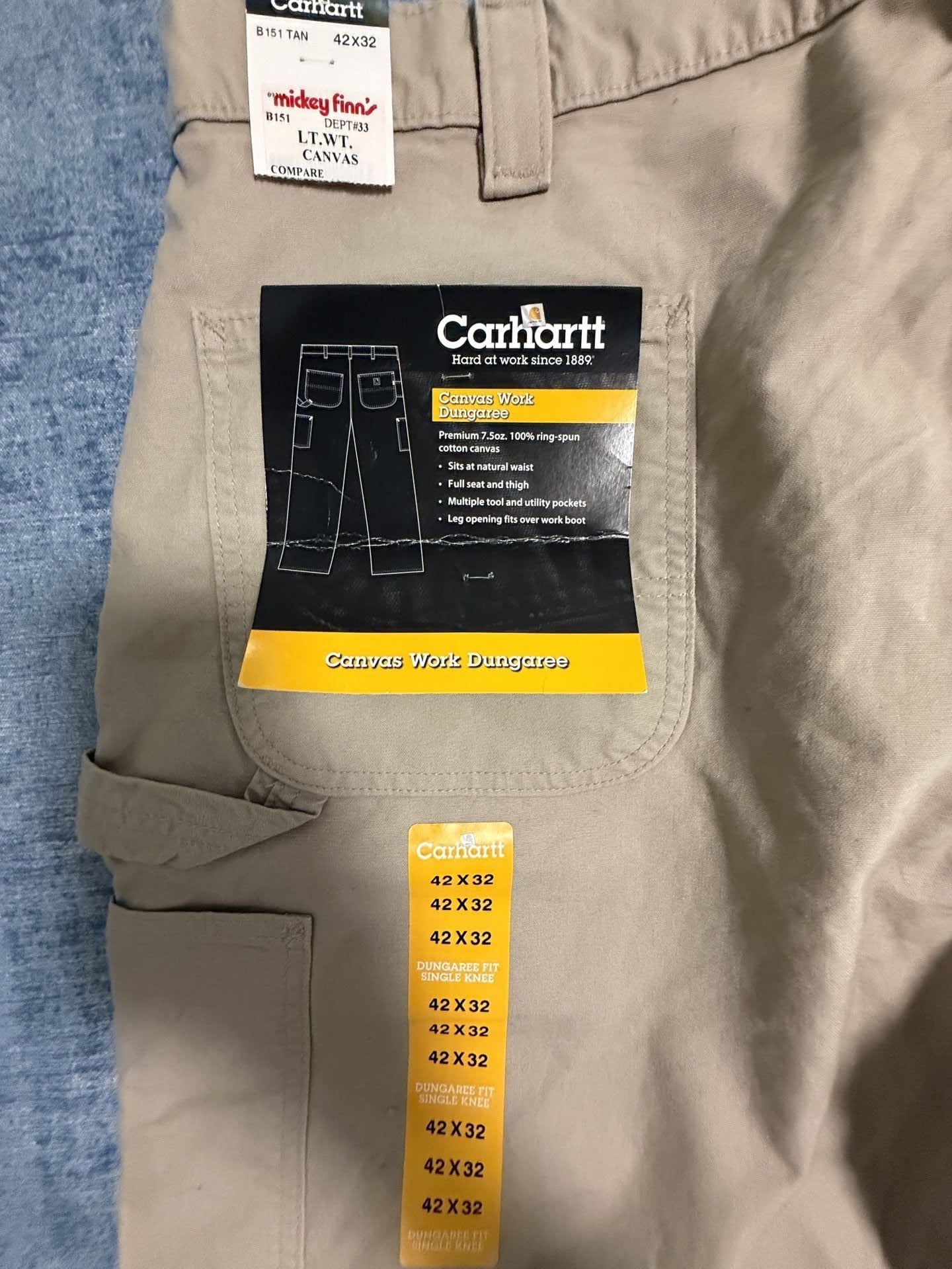 Carhartt B151 Canvas Work Dungaree Pants Tan 42x32 6