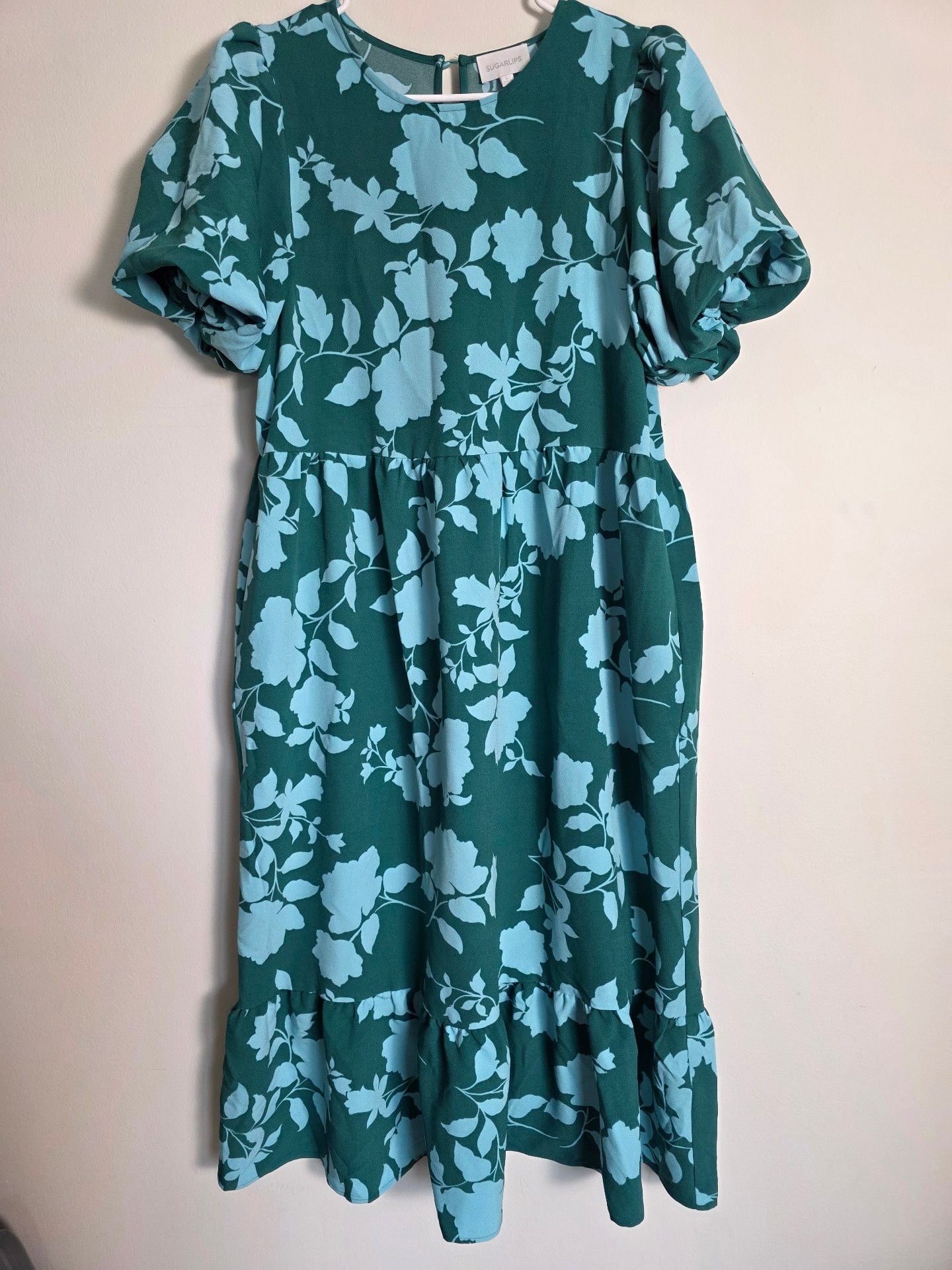 Sugarlips Floral Dress Size M Green Blue Puff Sleeve Midi 2