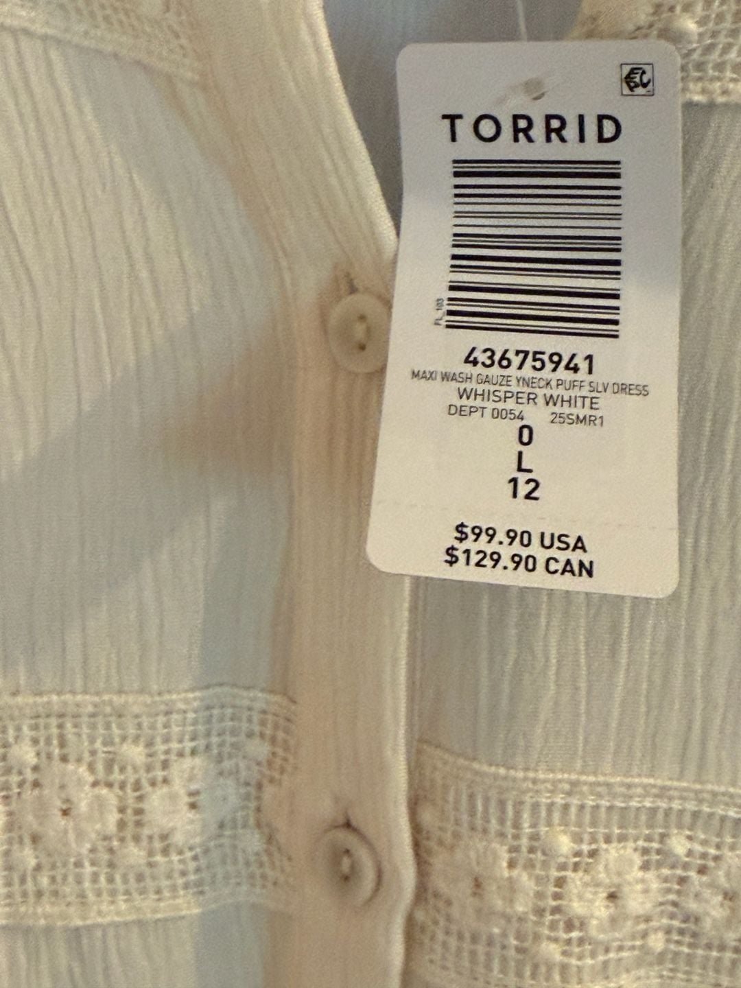 Torrid NWT Whisper White Washable Gauze Flutter Sleeve Tiered Maxi Dress Plus Sz 7