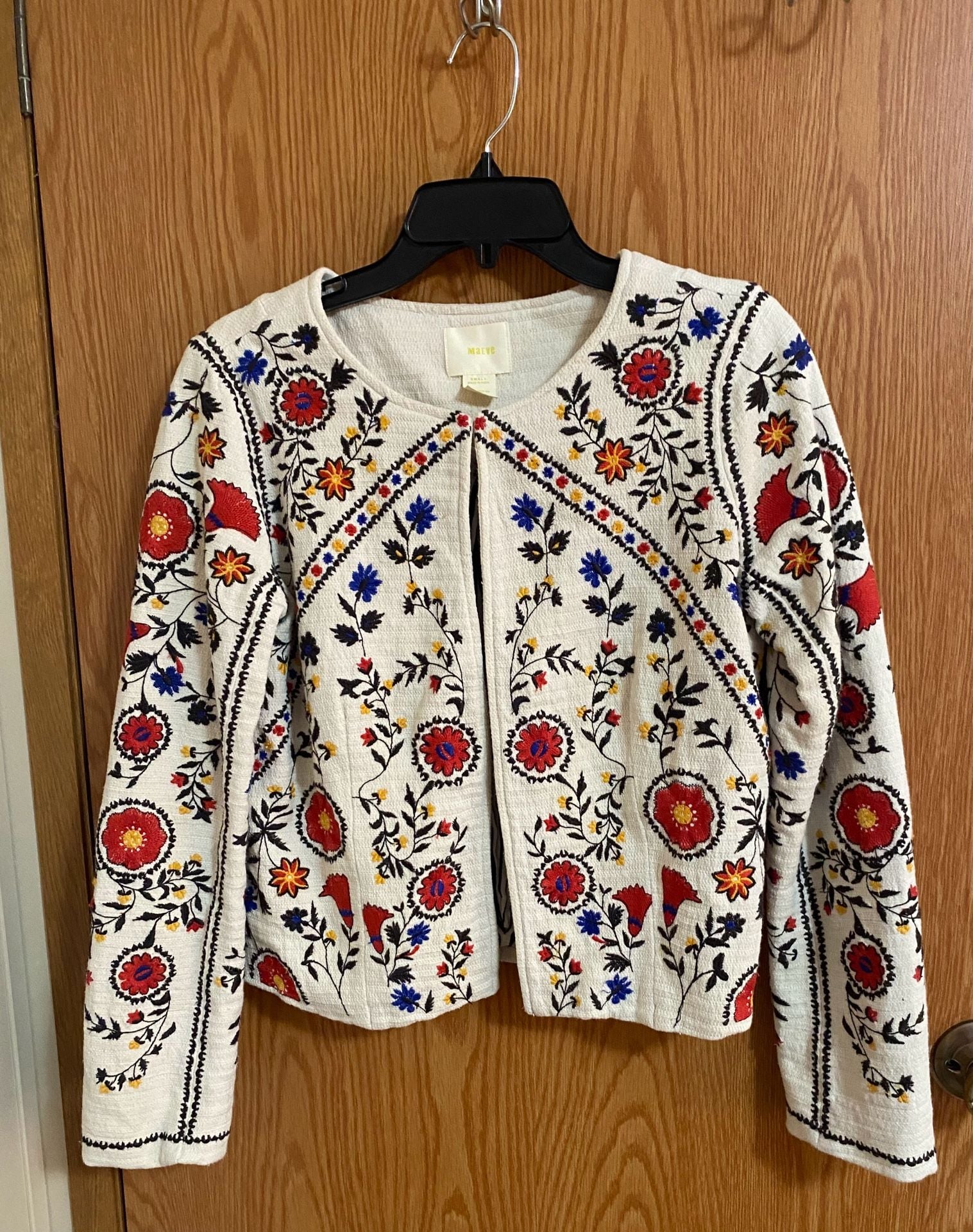 Maeve Embroidered Jacket Size Small boho White Floral Open Front Blazer 2