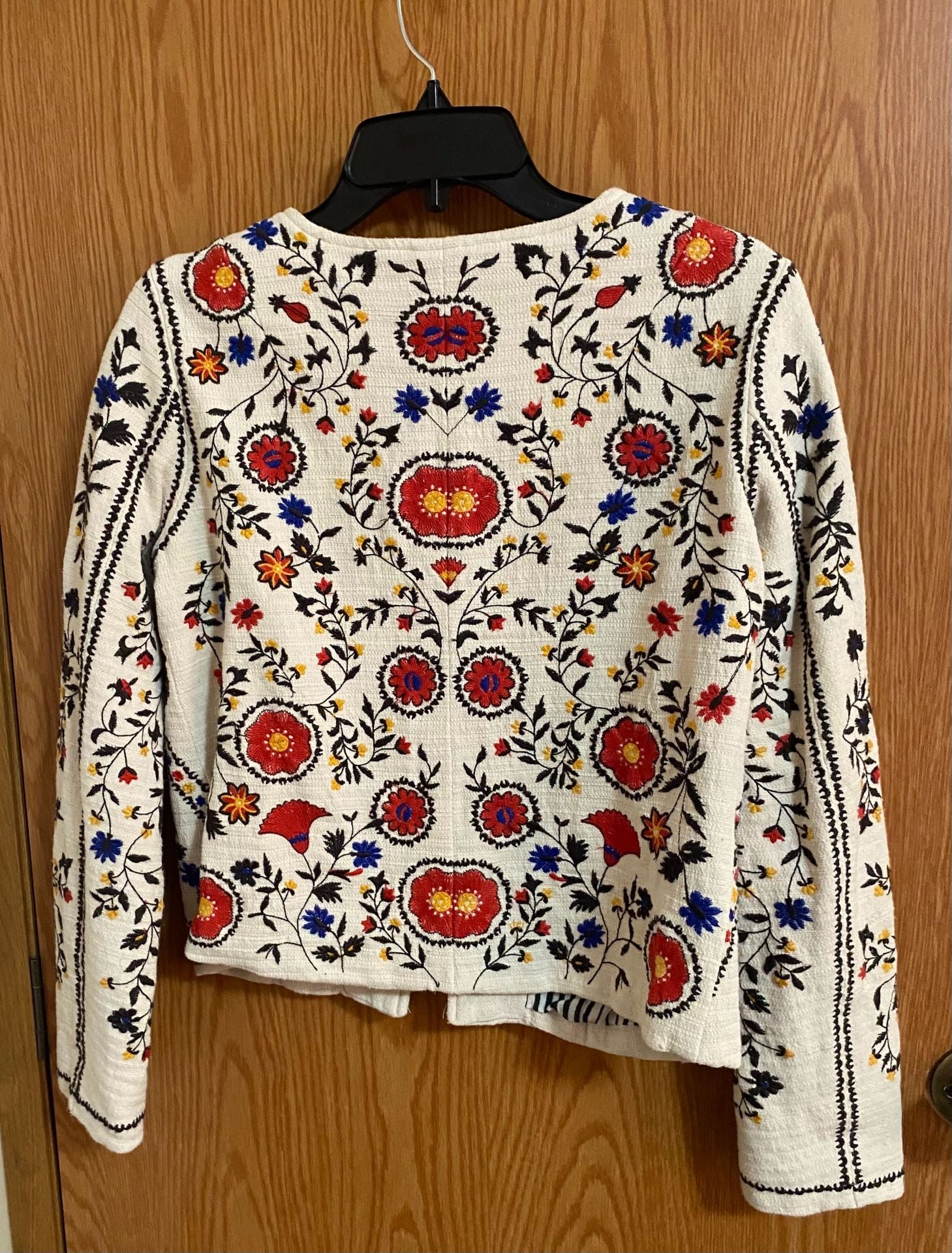 Maeve Embroidered Jacket Size Small boho White Floral Open Front Blazer 6