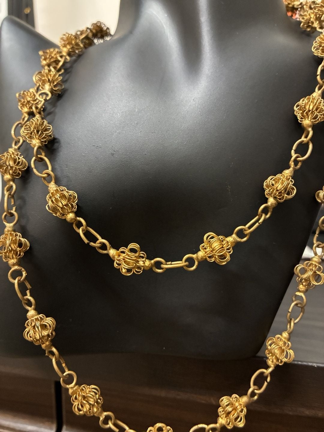 RARE! Antique Victorian Filigree Cage Sautoir Necklace Gold Tone Wire Ball Chain 3
