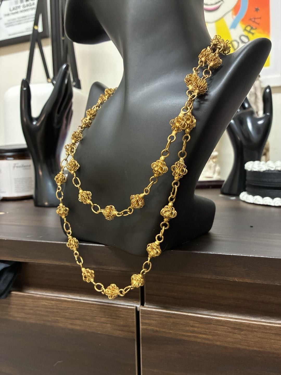 RARE! Antique Victorian Filigree Cage Sautoir Necklace Gold Tone Wire Ball Chain 6
