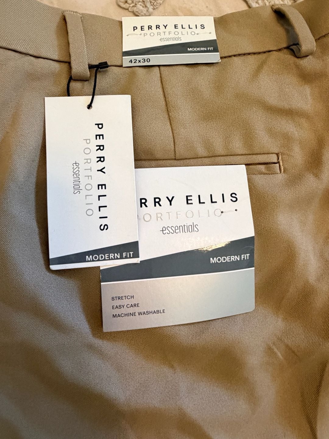 Perry Ellis Portfolio Essentials Pants 42x30 Tan Stretch Modern Fit 3