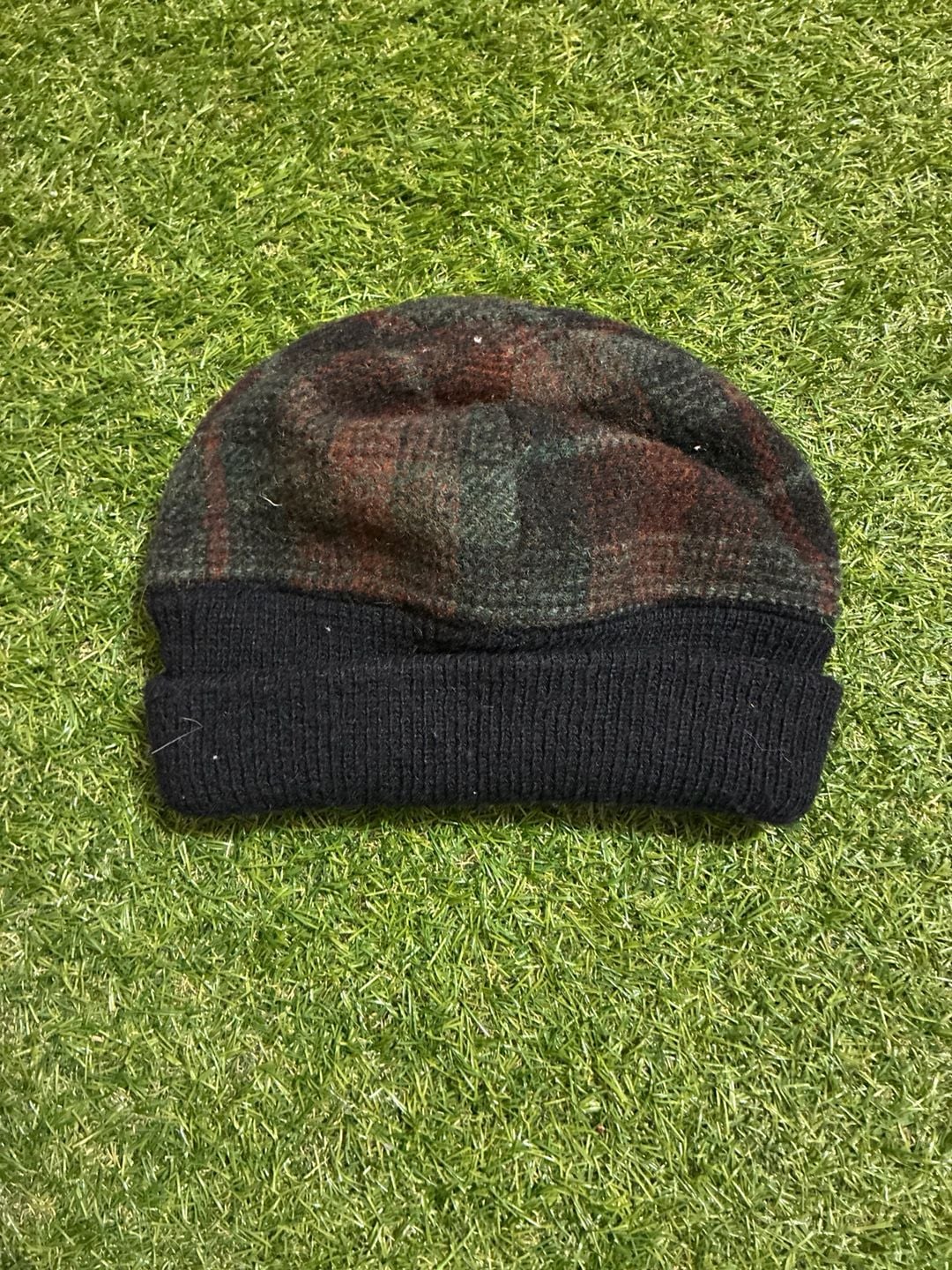 Plaid Knit Beanie Hat Green Brown Black 2