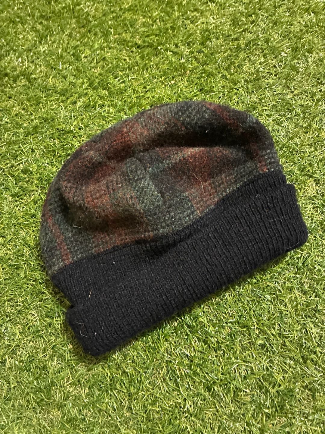 Plaid Knit Beanie Hat Green Brown Black 3