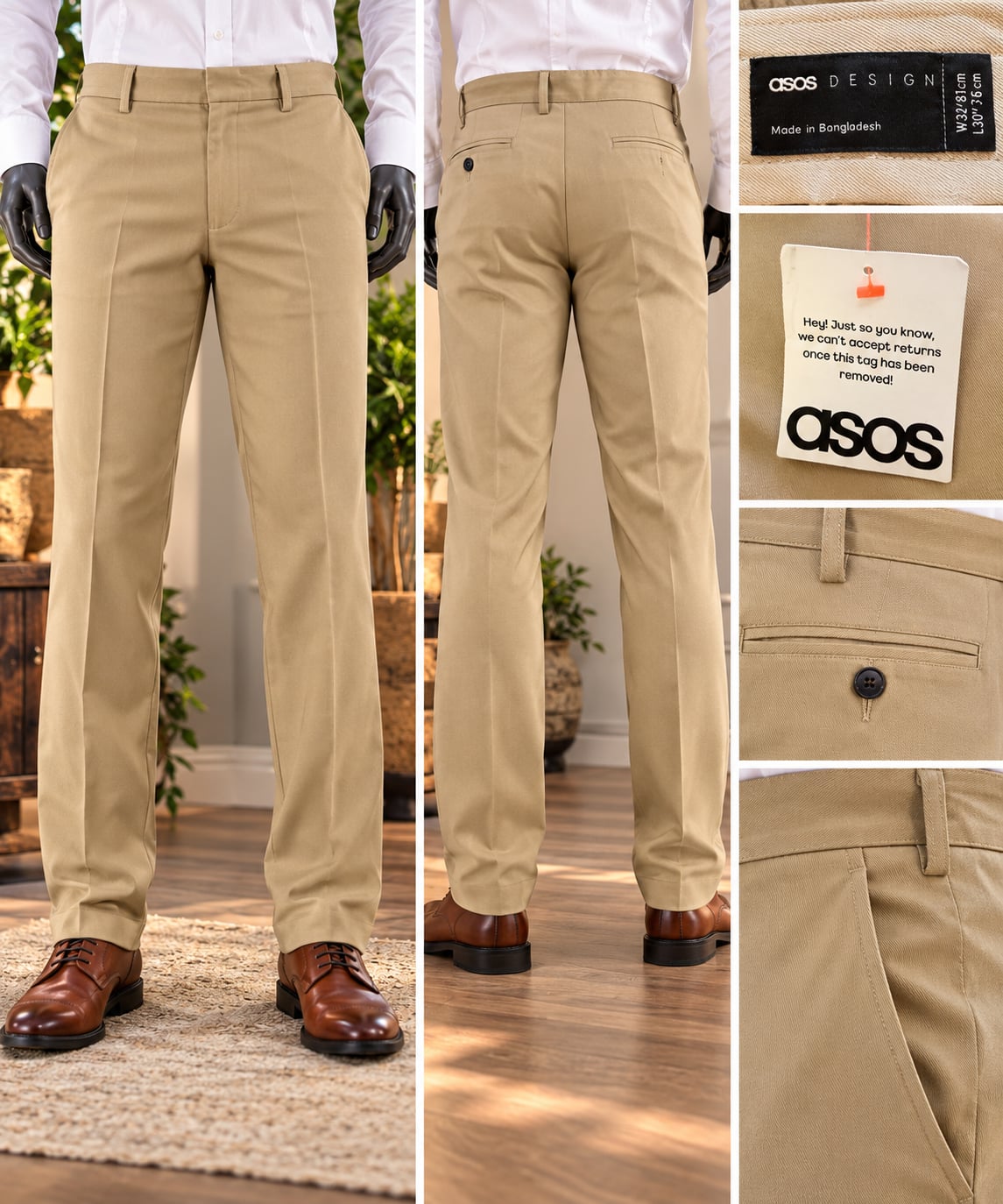 ASOS Design Pleated Trousers W32xL30 Beige Dress Pants 6