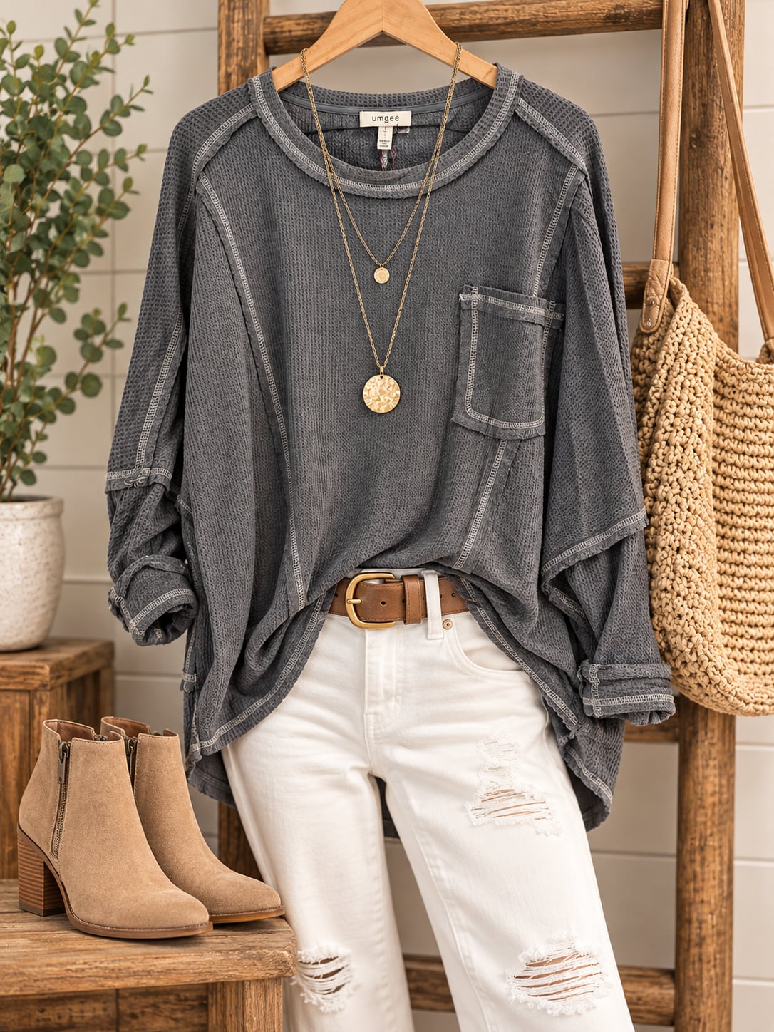 NWT Umgee Waffle Knit Top Size L Charcoal Gray Oversized Pocket Shirt 3