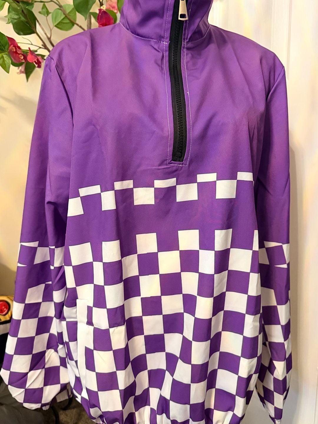 Unbranded Purple White Checkered Quarter Zip Pullover Windbreaker Jacket 3