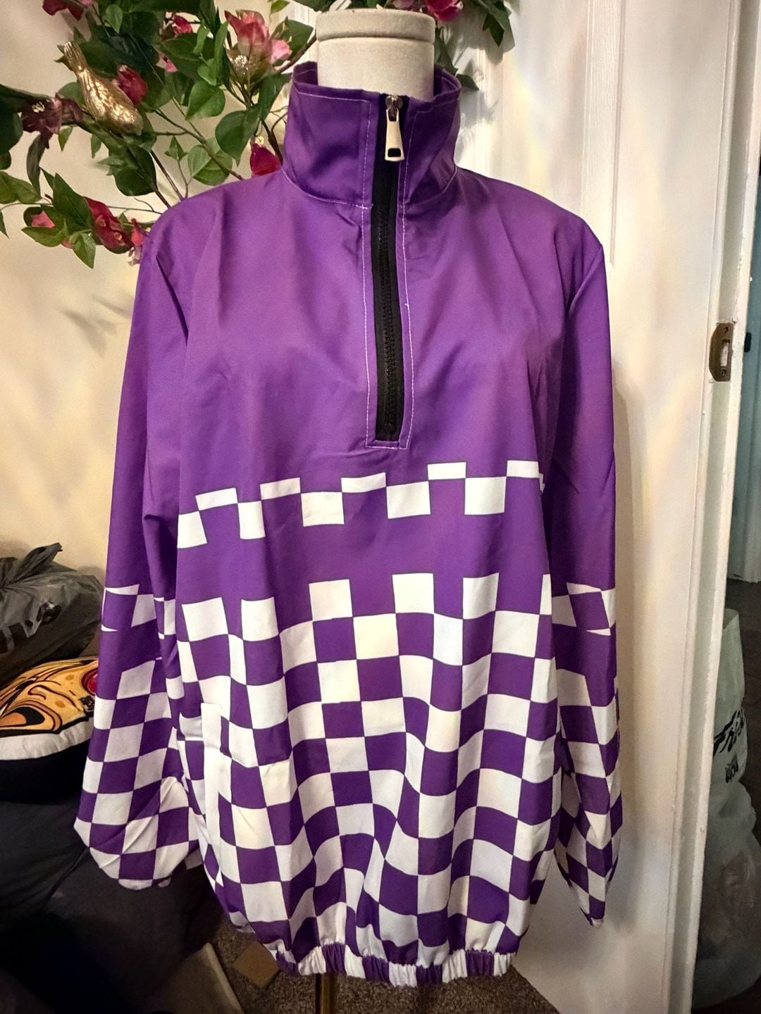Unbranded Purple White Checkered Quarter Zip Pullover Windbreaker Jacket 5