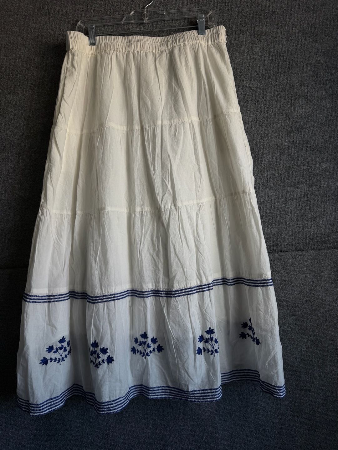 Pomegranate Tiered Midi Skirt Size L White Blue Embroidered 2