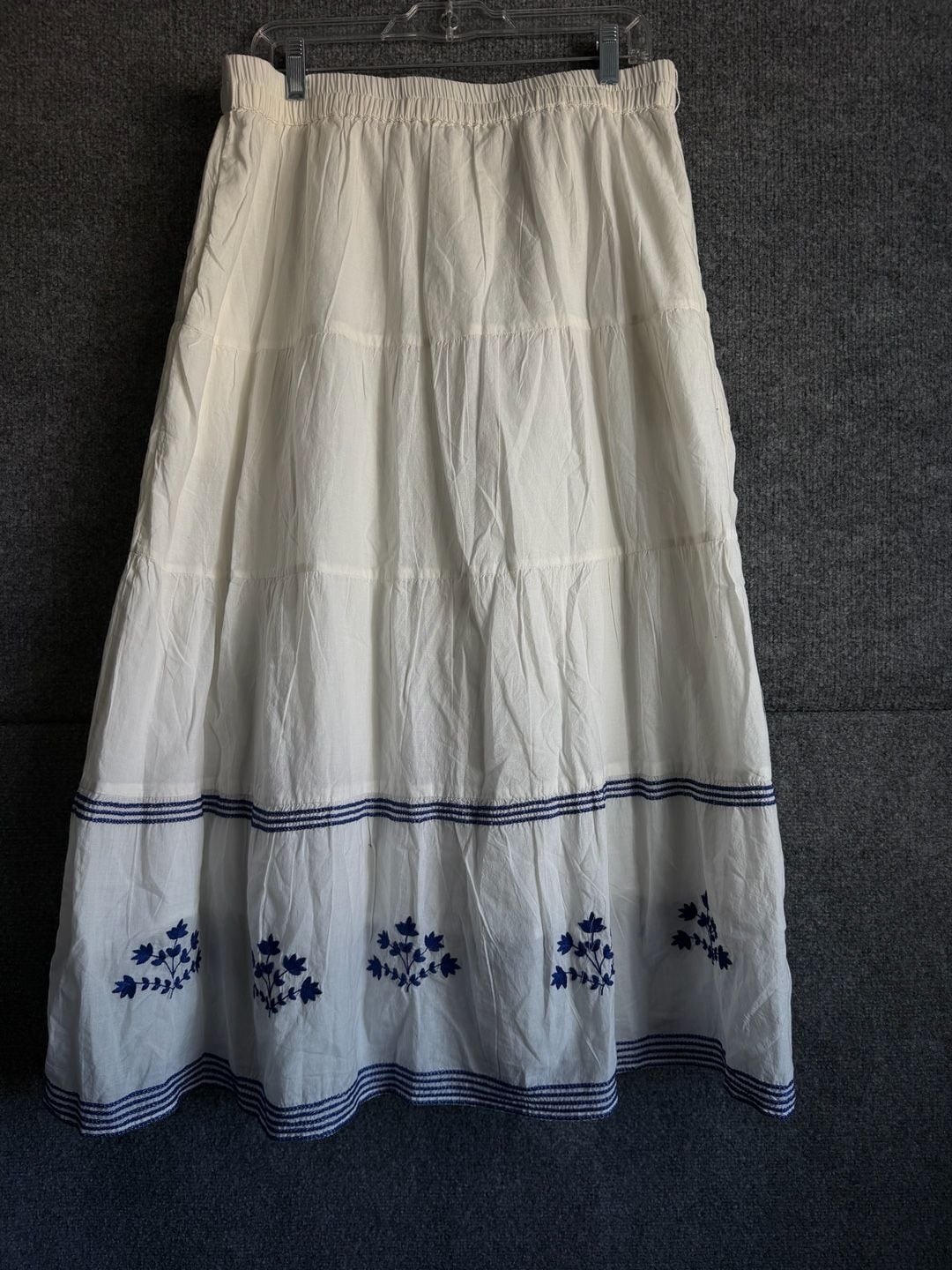 Pomegranate Tiered Midi Skirt Size L White Blue Embroidered 3