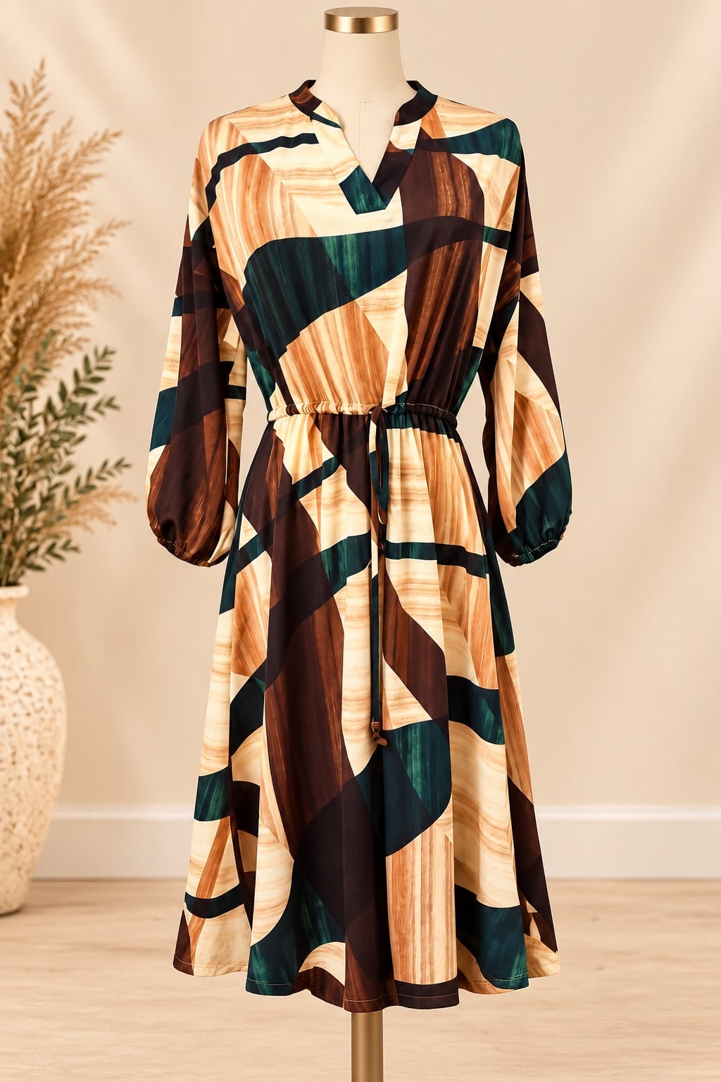 Lildy Printed Drawstring Waist Dress Size S-M Geometric Midi 2