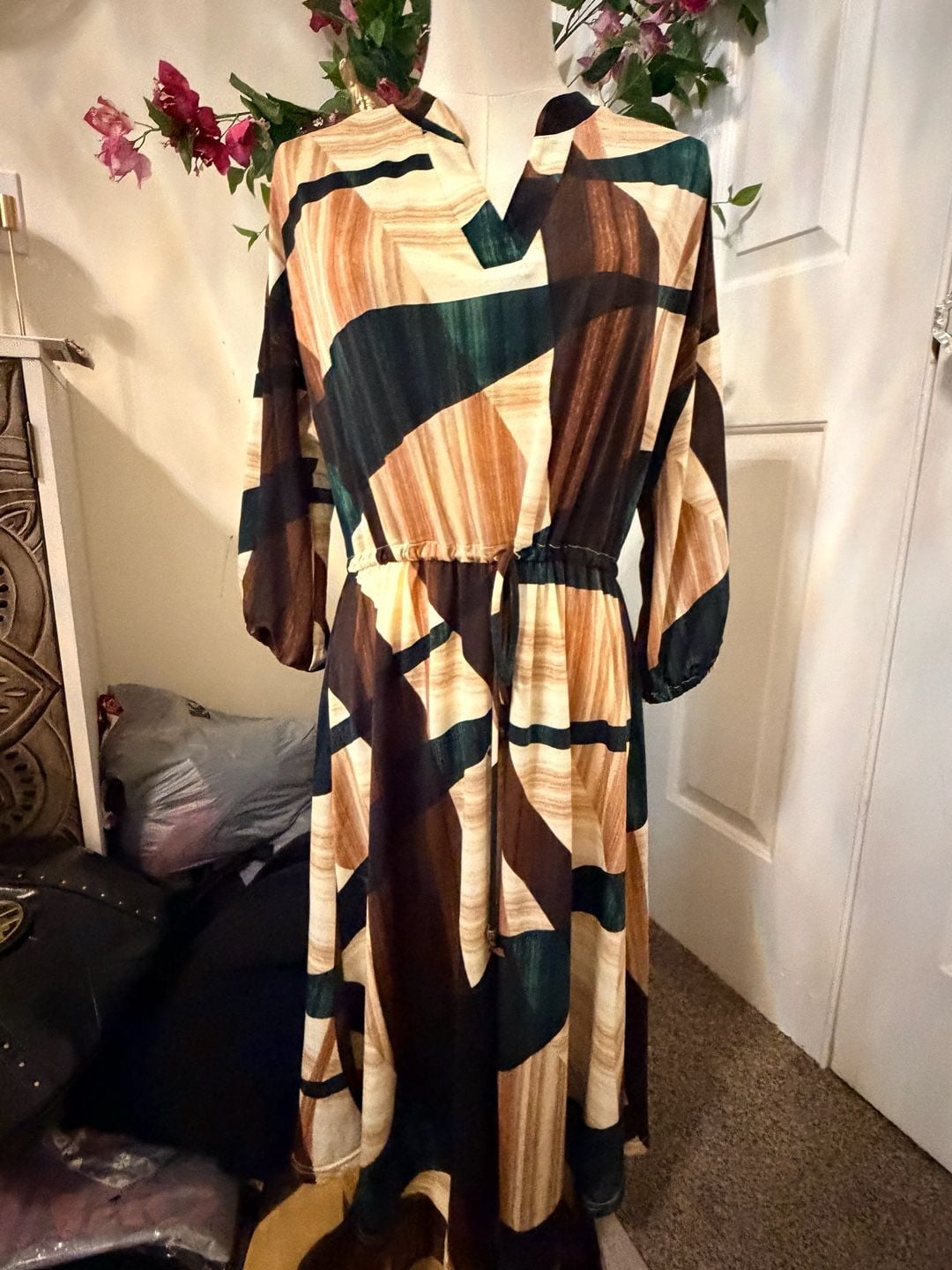 Lildy Printed Drawstring Waist Dress Size S-M Geometric Midi 3