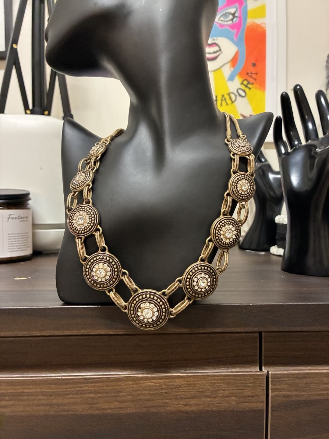 Lia Sophia Vintage Gold Tone Medallion Rhinestone Statement Necklace 2