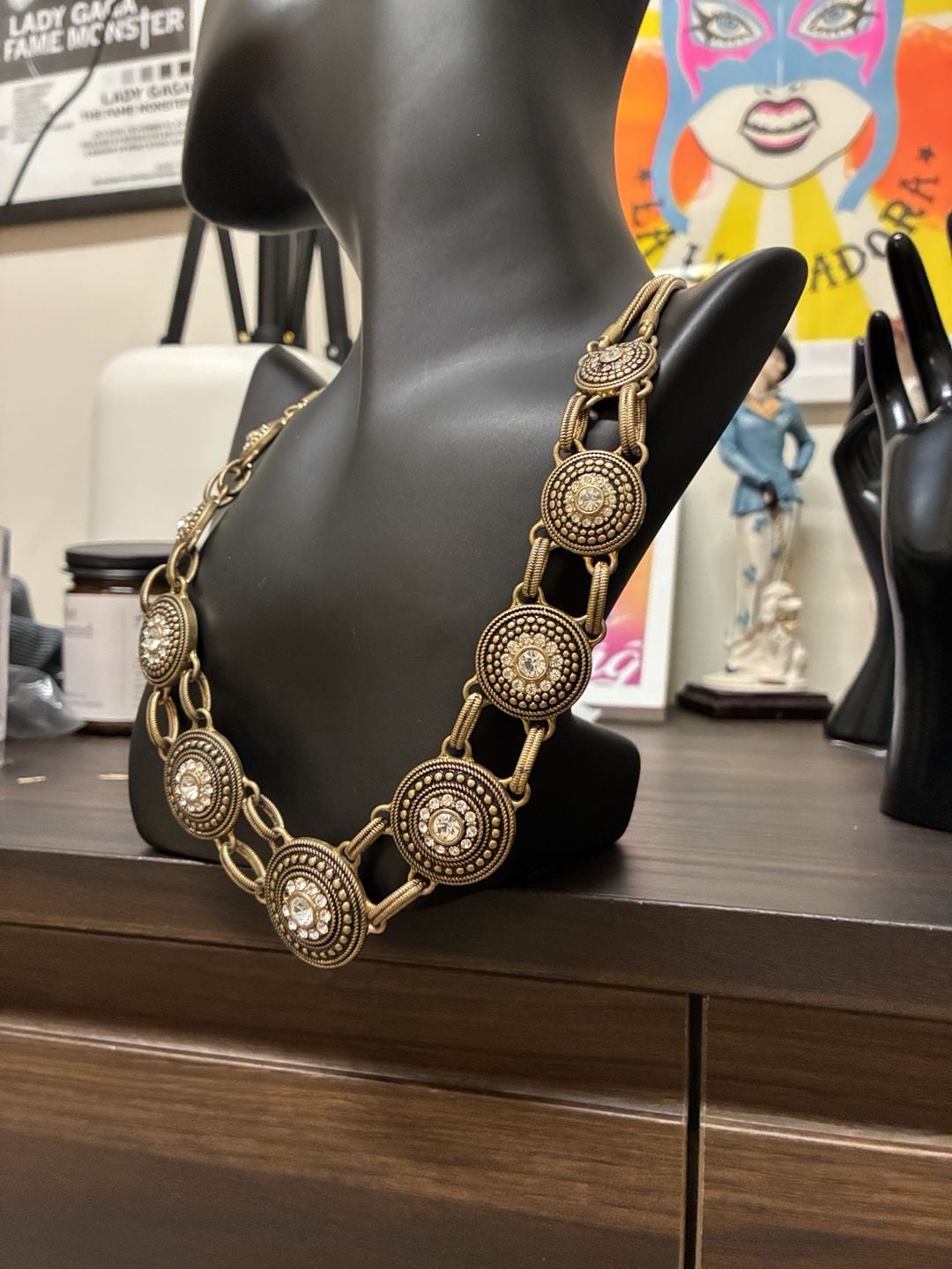 Lia Sophia Vintage Gold Tone Medallion Rhinestone Statement Necklace 5