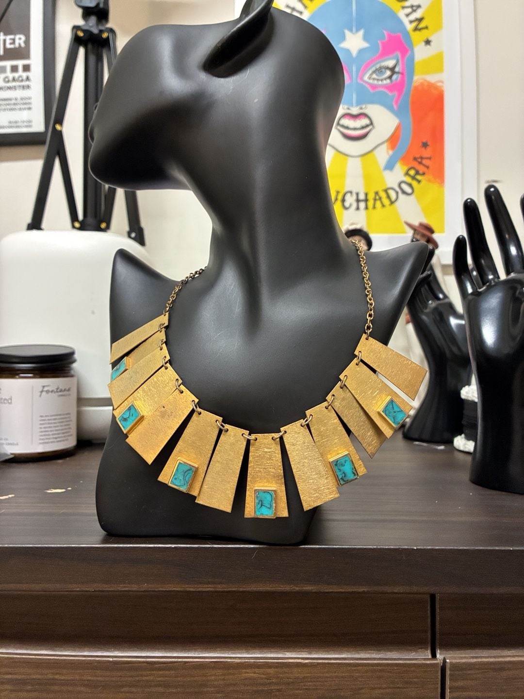 RARE! Vintage 1970s Brutalist Modernist Gold Tone Faux Turquoise Bib Necklace 2