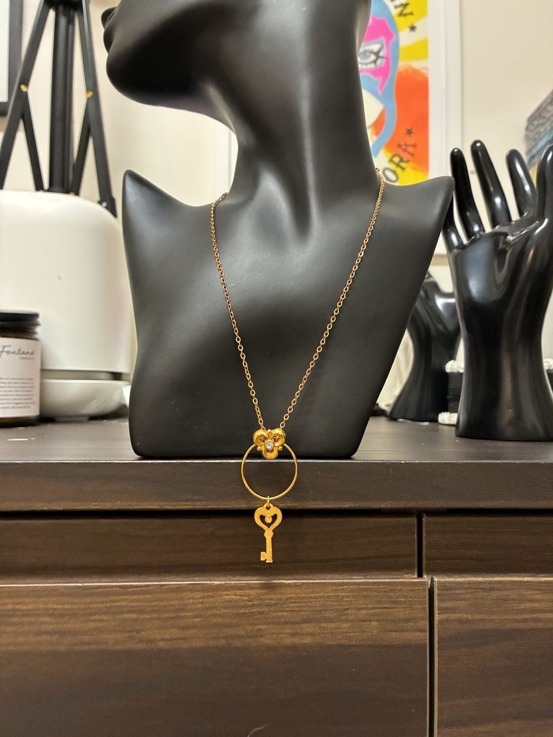 Upcycled Stainless Steel Key Pendant Gold Tone Necklace Rhinestone 2
