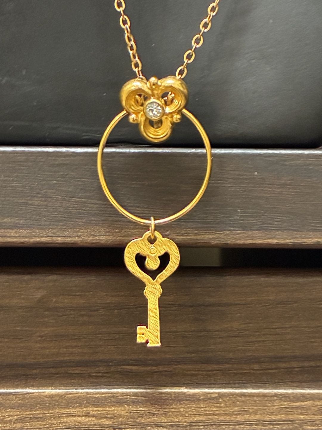 Upcycled Stainless Steel Key Pendant Gold Tone Necklace Rhinestone 3
