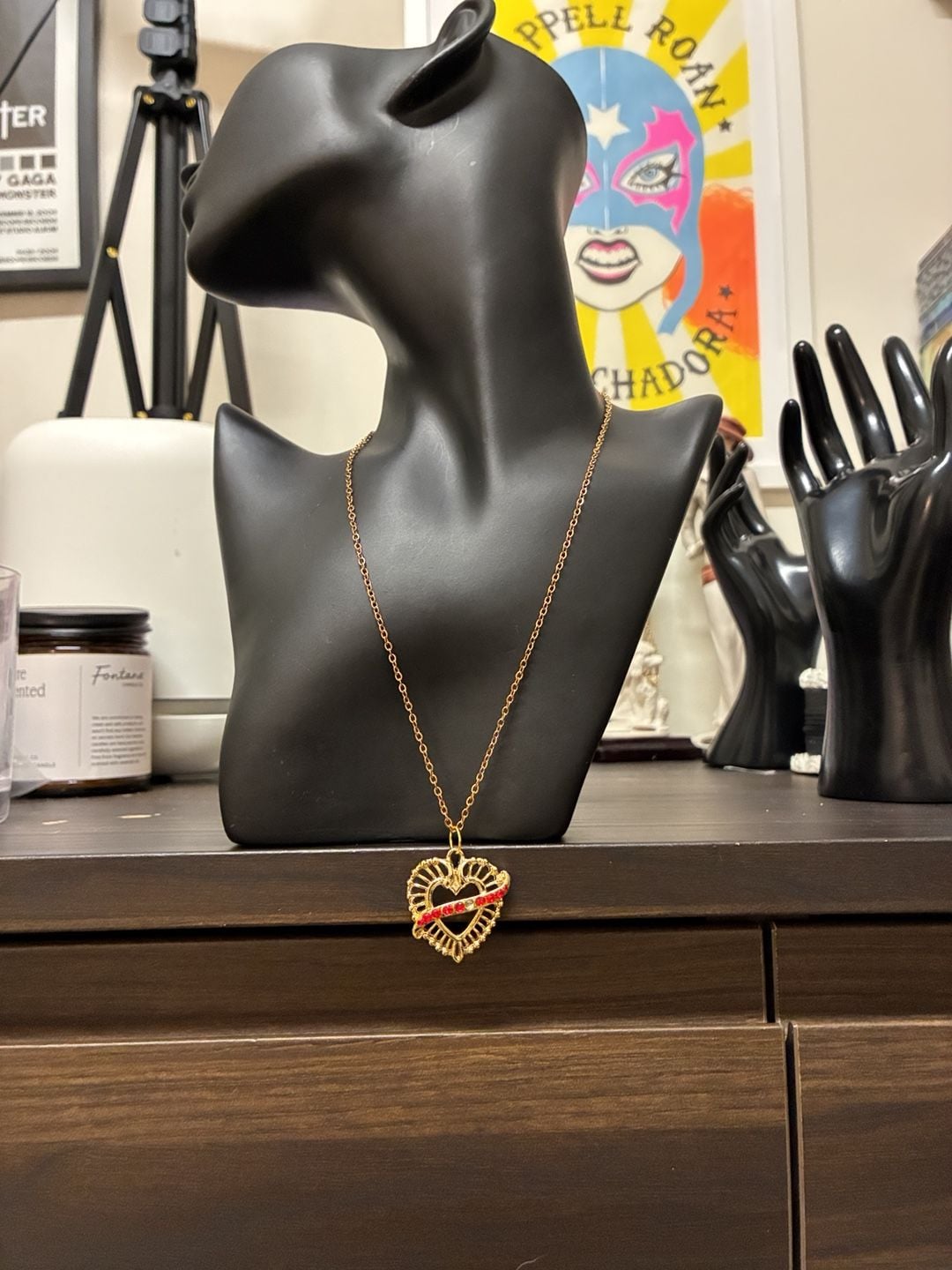 Upcycled Stainless Steel Filigree Heart Rhinestone Necklace Gold Tone 2