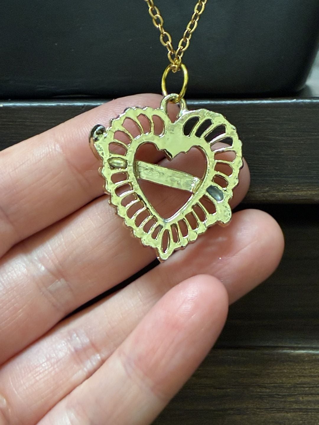 Upcycled Stainless Steel Filigree Heart Rhinestone Necklace Gold Tone 4