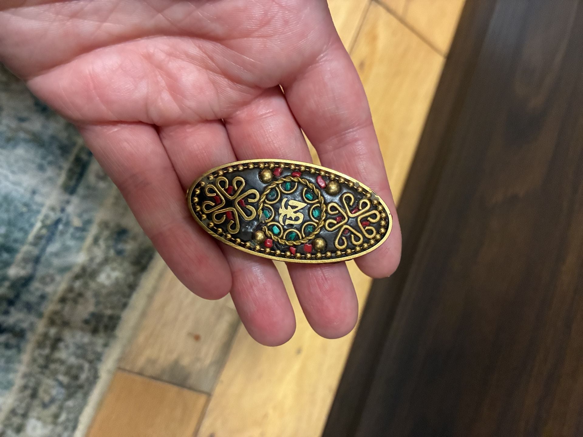 Tibetan Brass Oval Ornate Decorative Amulet 3