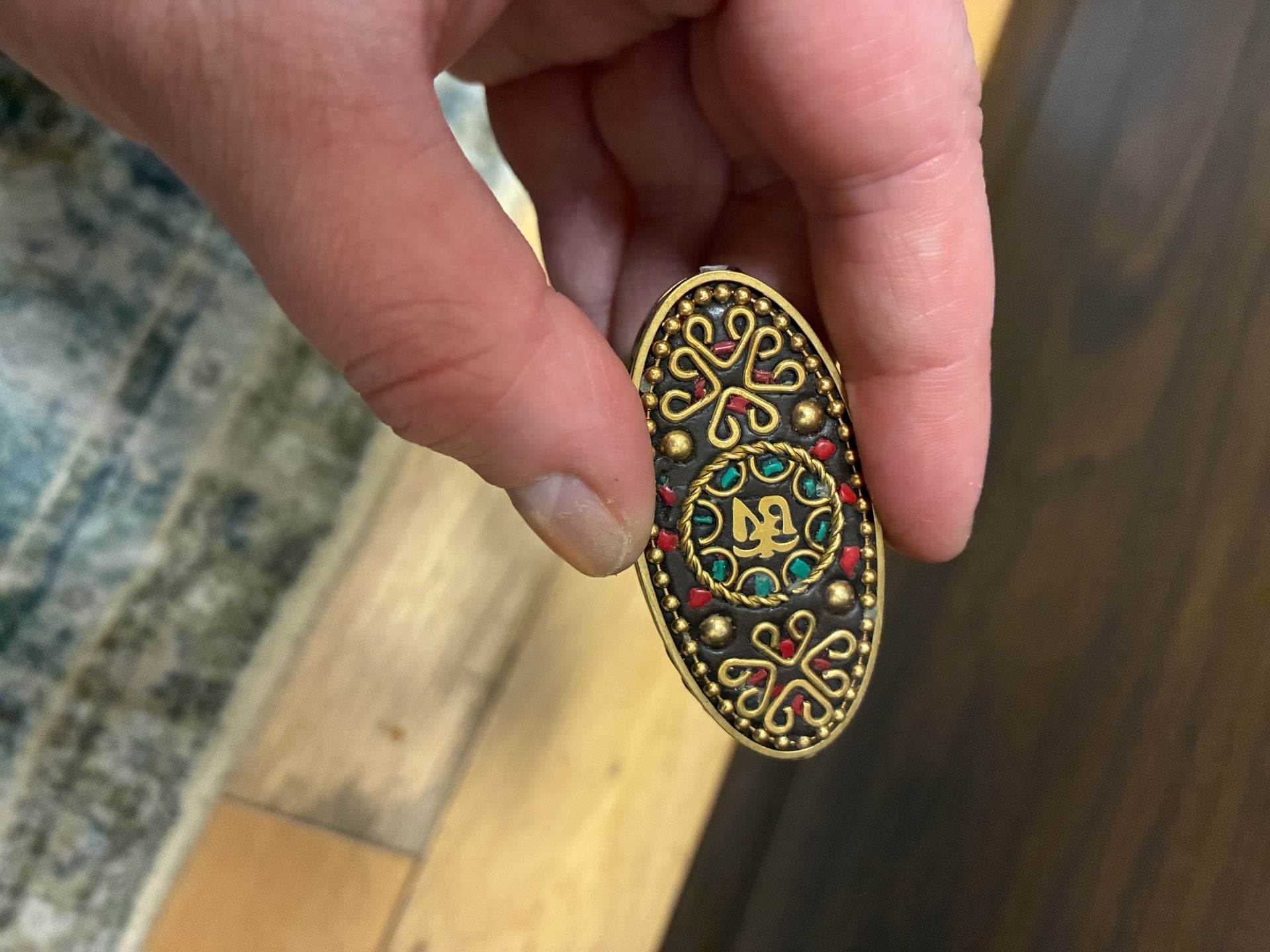 Tibetan Brass Oval Ornate Decorative Amulet 7