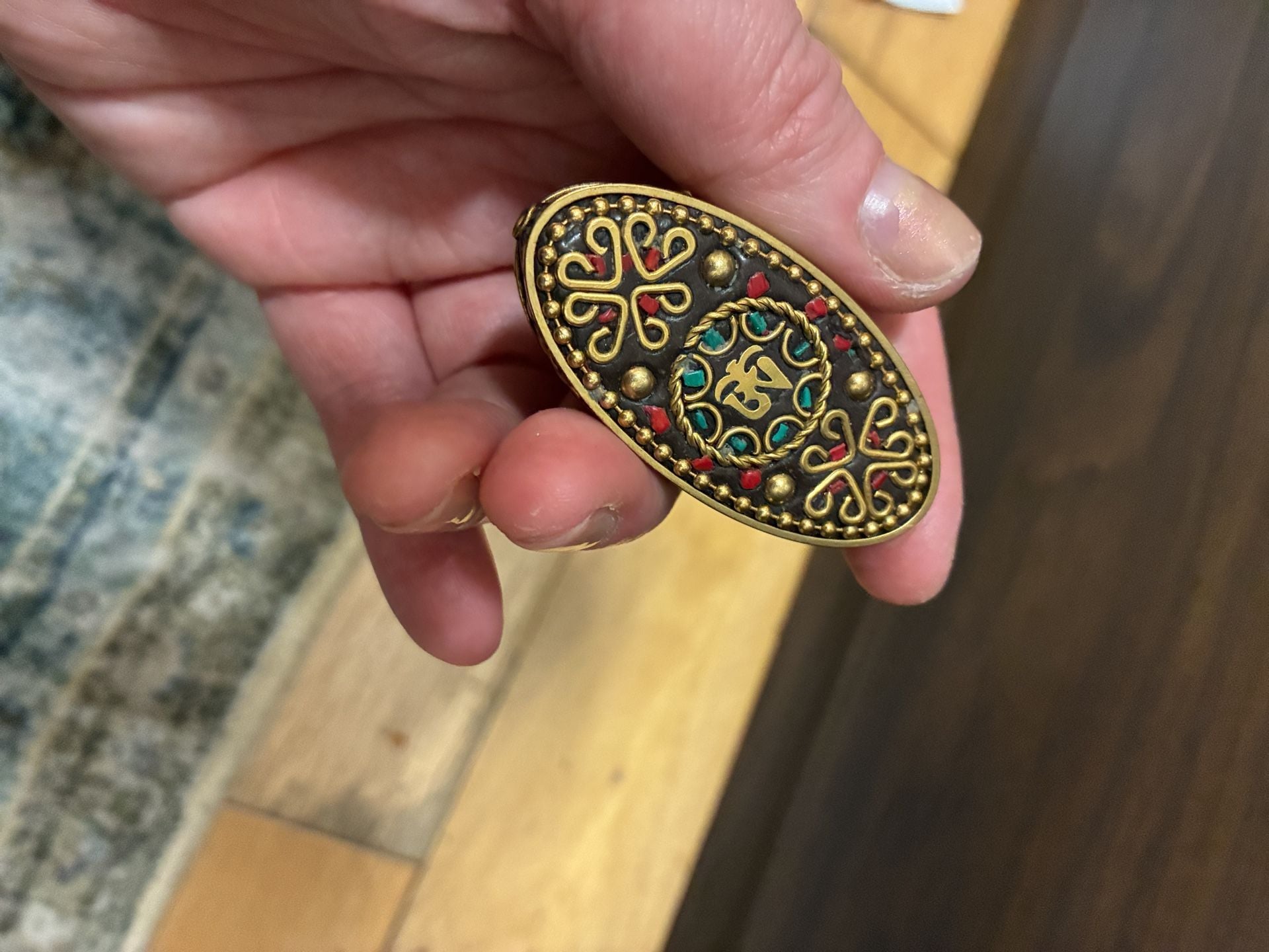 Tibetan Brass Oval Ornate Decorative Amulet 8
