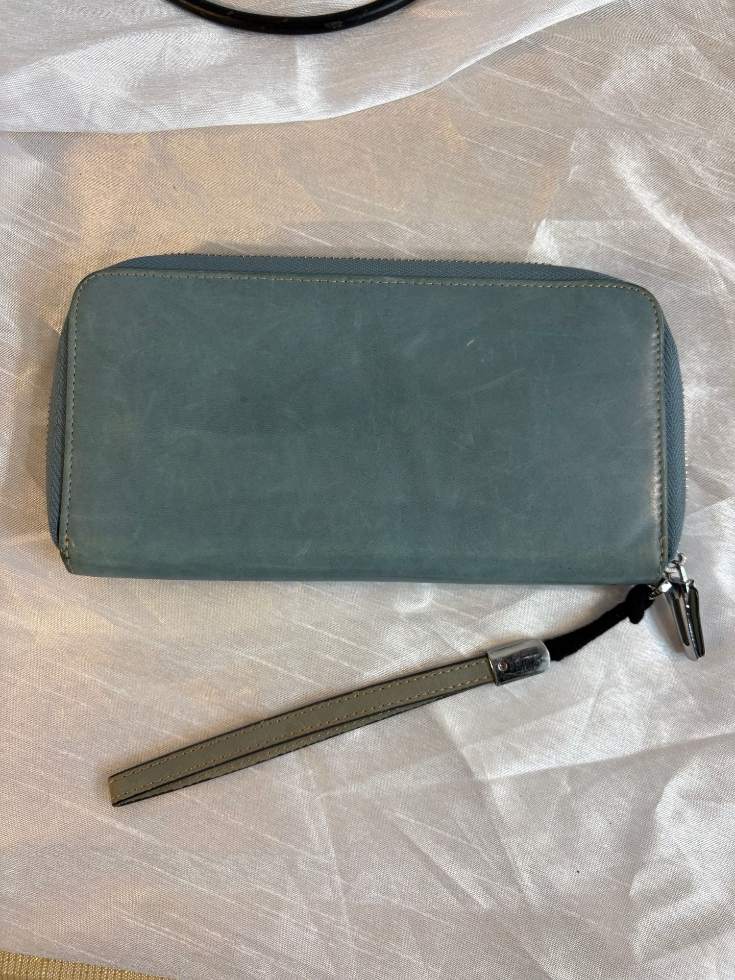 Leather Zip Around Wallet Wristlet Blue Green 3