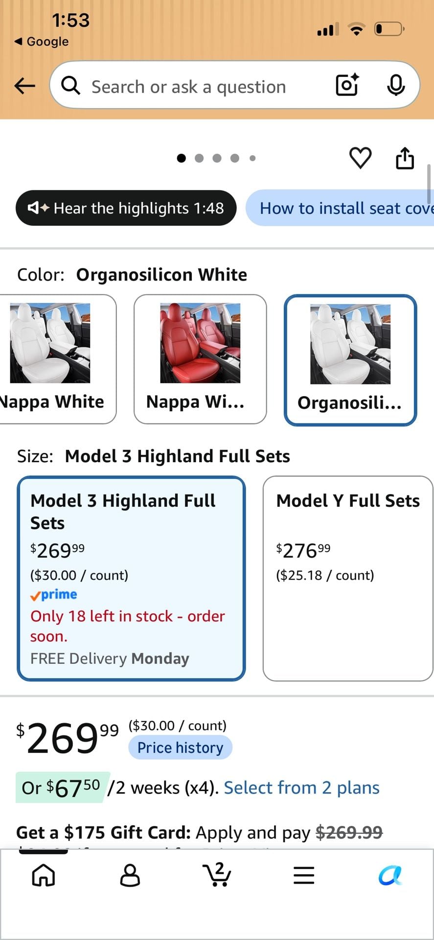 Wekar Tesla Model 3 Seat Covers Organosilicon White 1