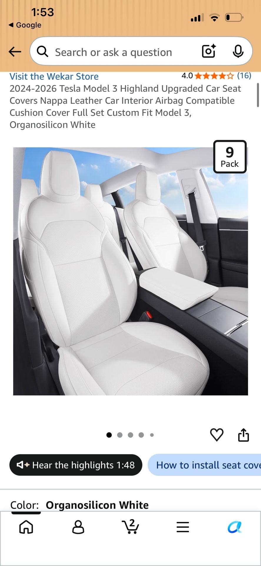 Wekar Tesla Model 3 Seat Covers Organosilicon White 2