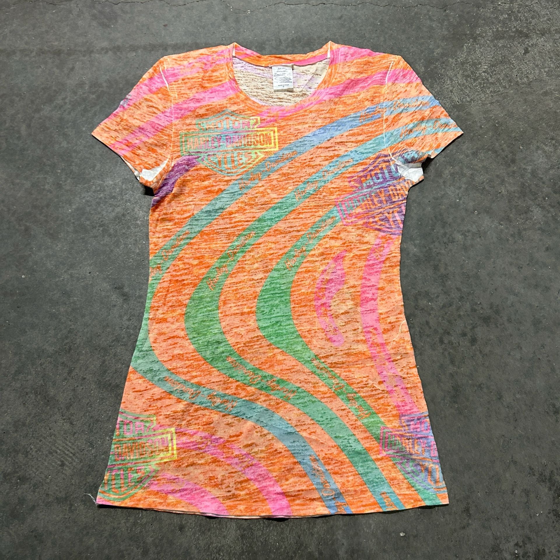 Harley Davidson AOP Neon Rainbow Burnout Graphic T Shirt Y2K Biker Moto 2