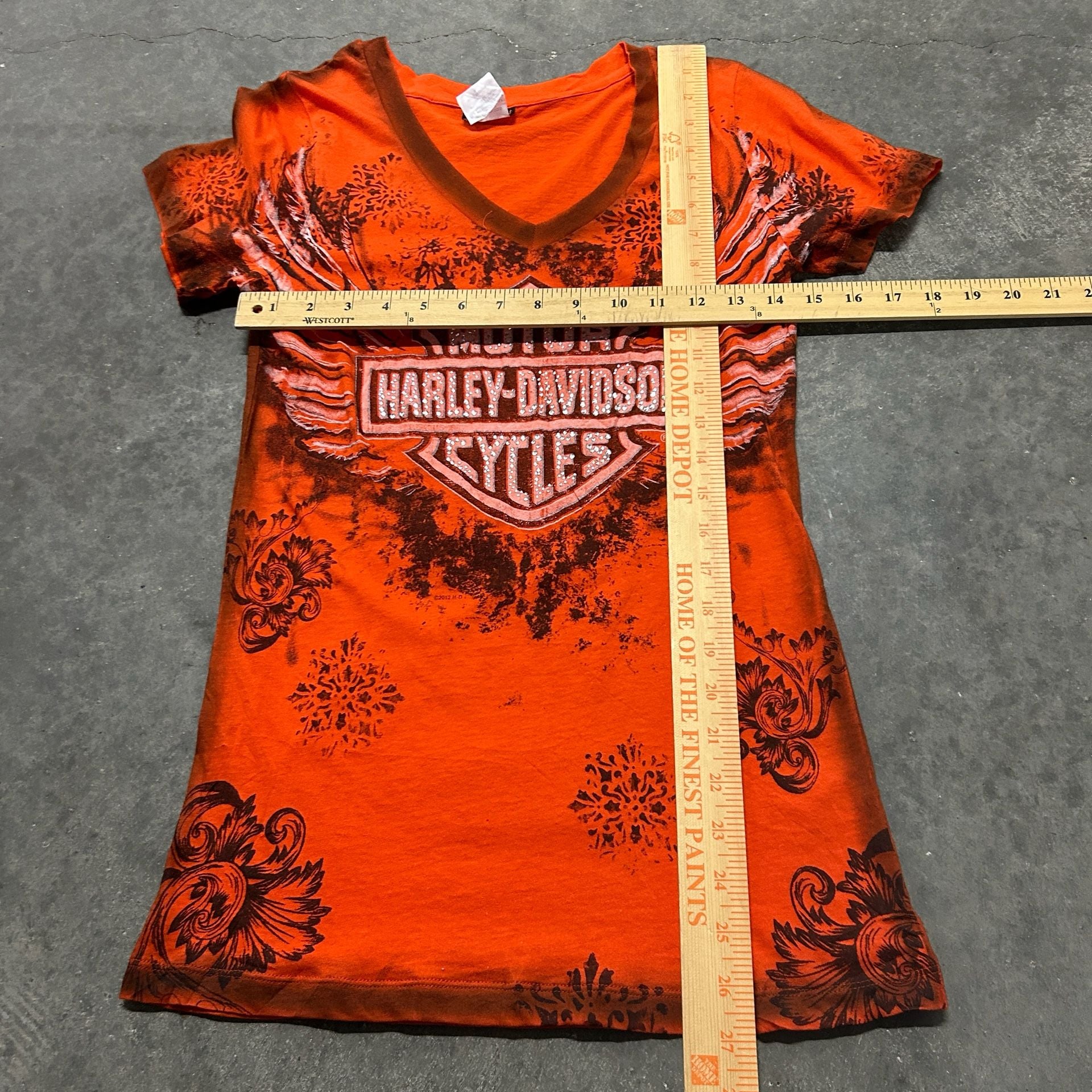 Harley Davidson S Orange V Neck T Shirt Winged Logo Rhinestone Biker Moto 5