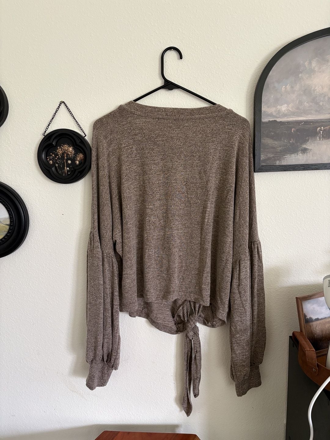 She + Sky Sweater Size L Brown Long Bishop Sleeve Tie Front Top 7