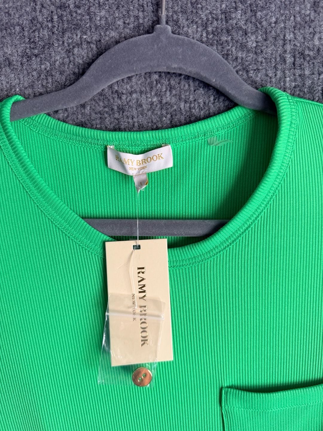 Ramy Brook Dress Size L Green Midi Belted Ribbed Short Sleeve 3