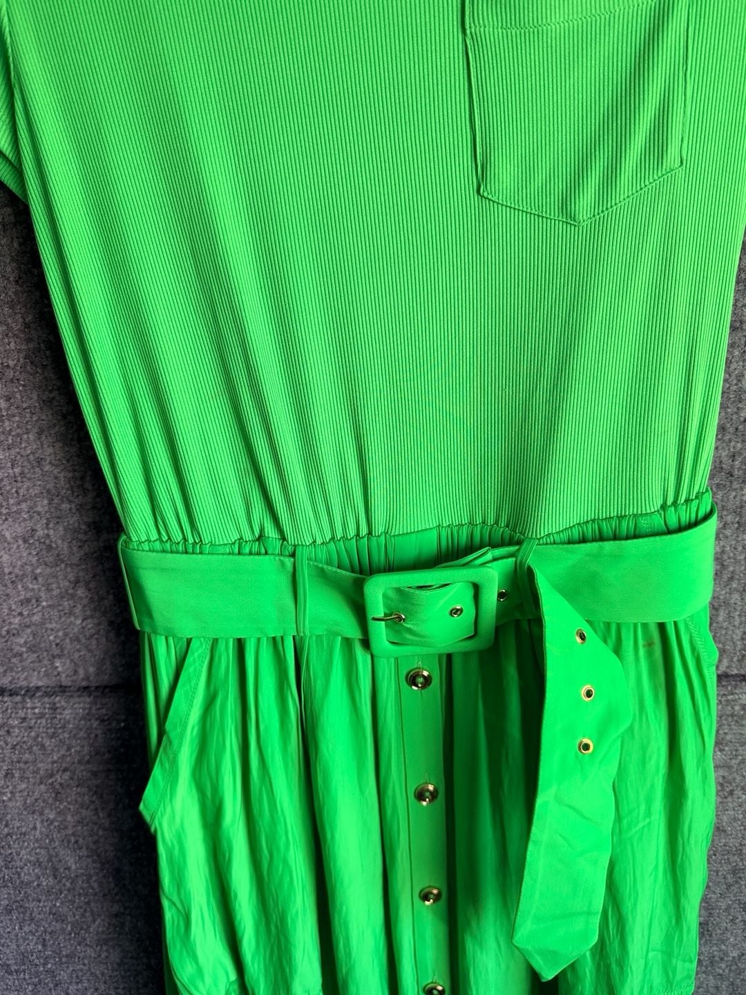Ramy Brook Dress Size L Green Midi Belted Ribbed Short Sleeve 4