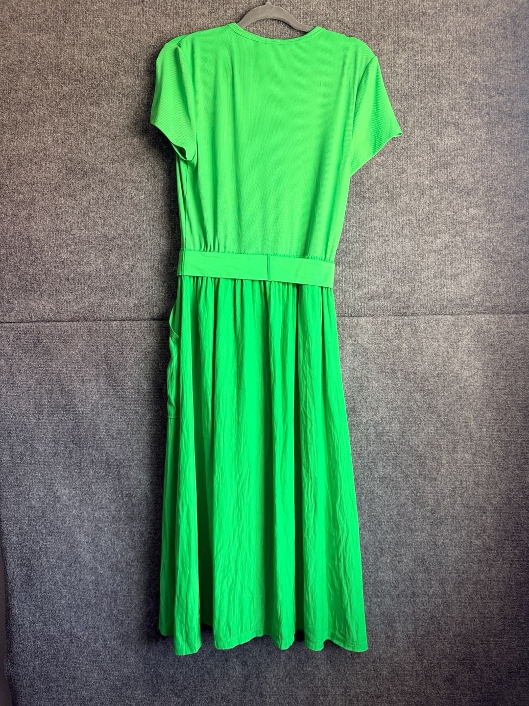 Ramy Brook Dress Size L Green Midi Belted Ribbed Short Sleeve 6