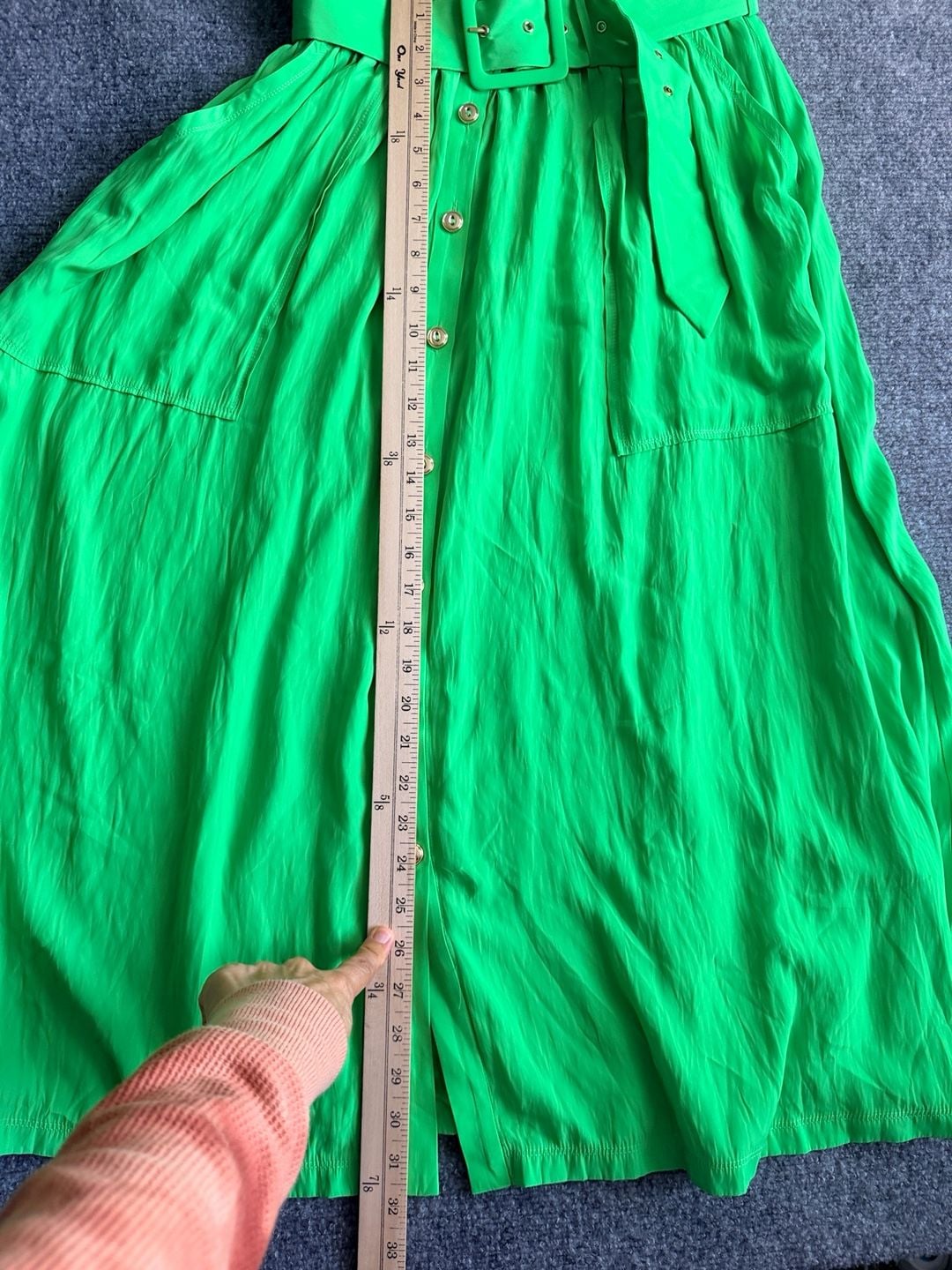 Ramy Brook Dress Size L Green Midi Belted Ribbed Short Sleeve 8