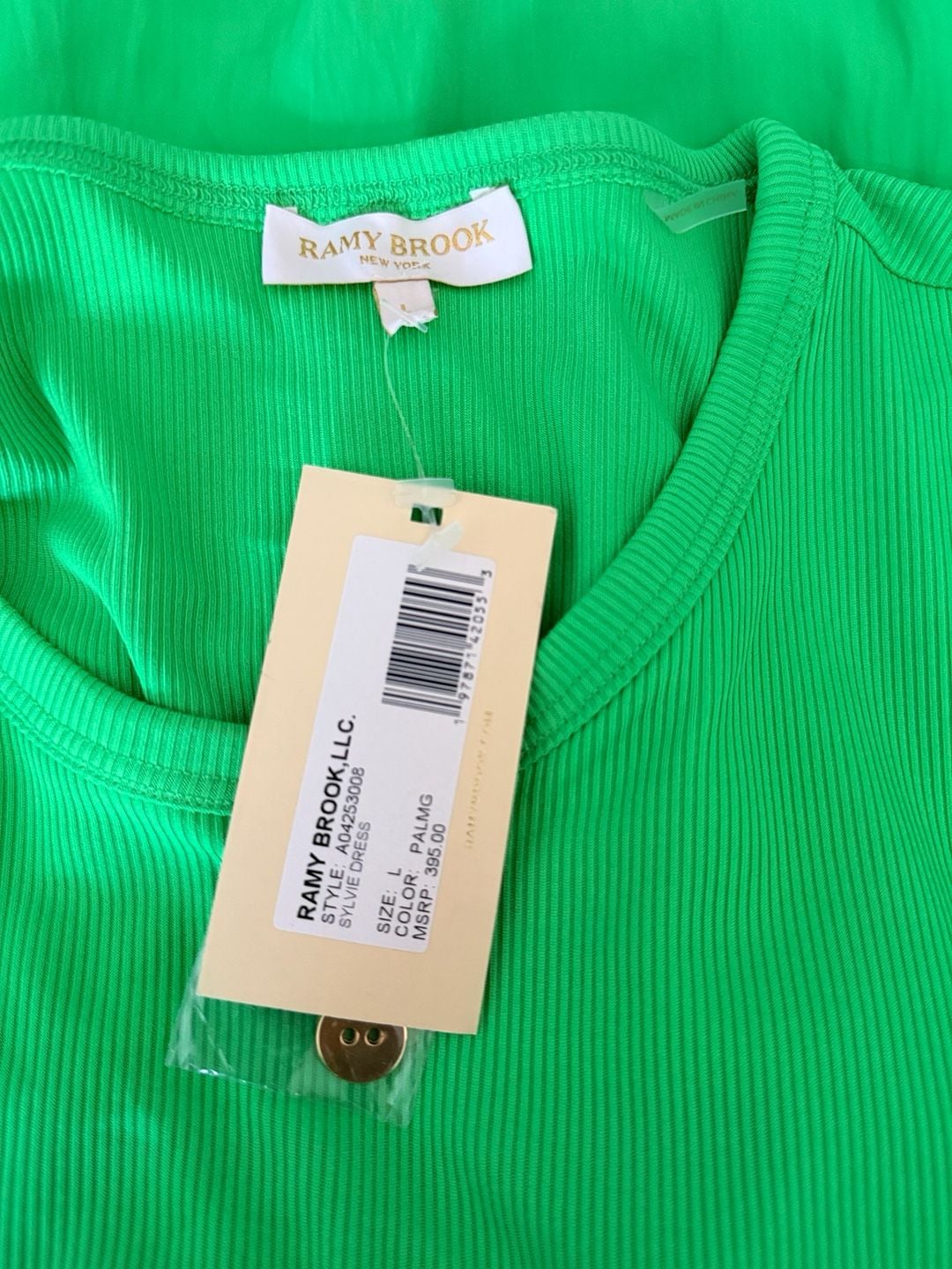 Ramy Brook Dress Size L Green Midi Belted Ribbed Short Sleeve 12