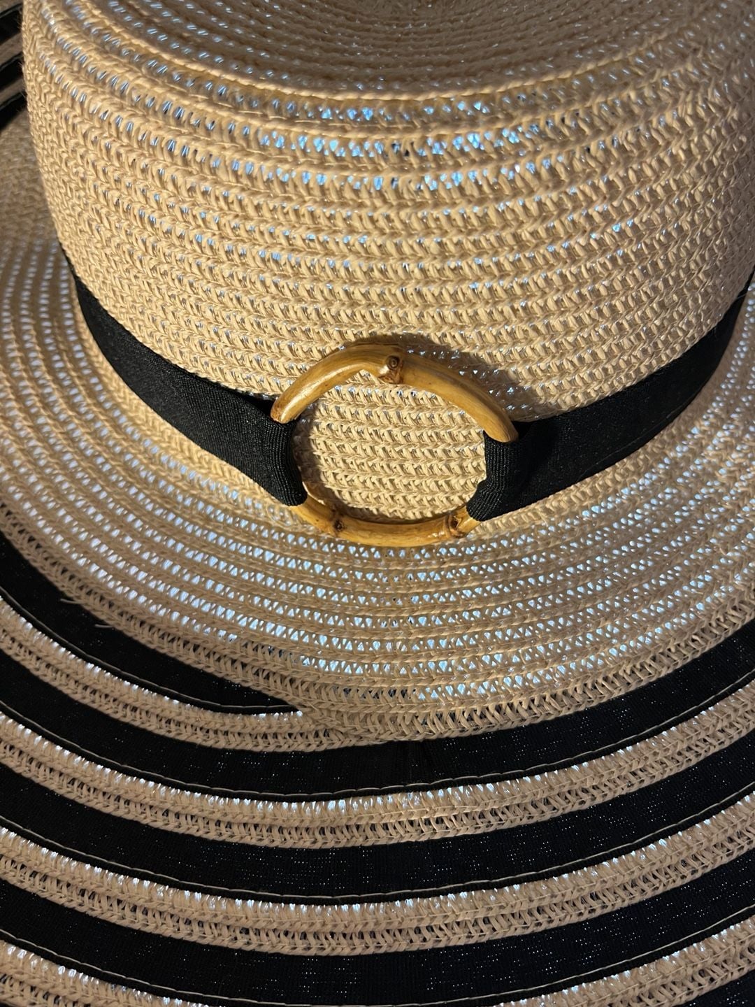 Unbranded Striped Straw Sun Hat with Black Ribbon and Gold Ring 7