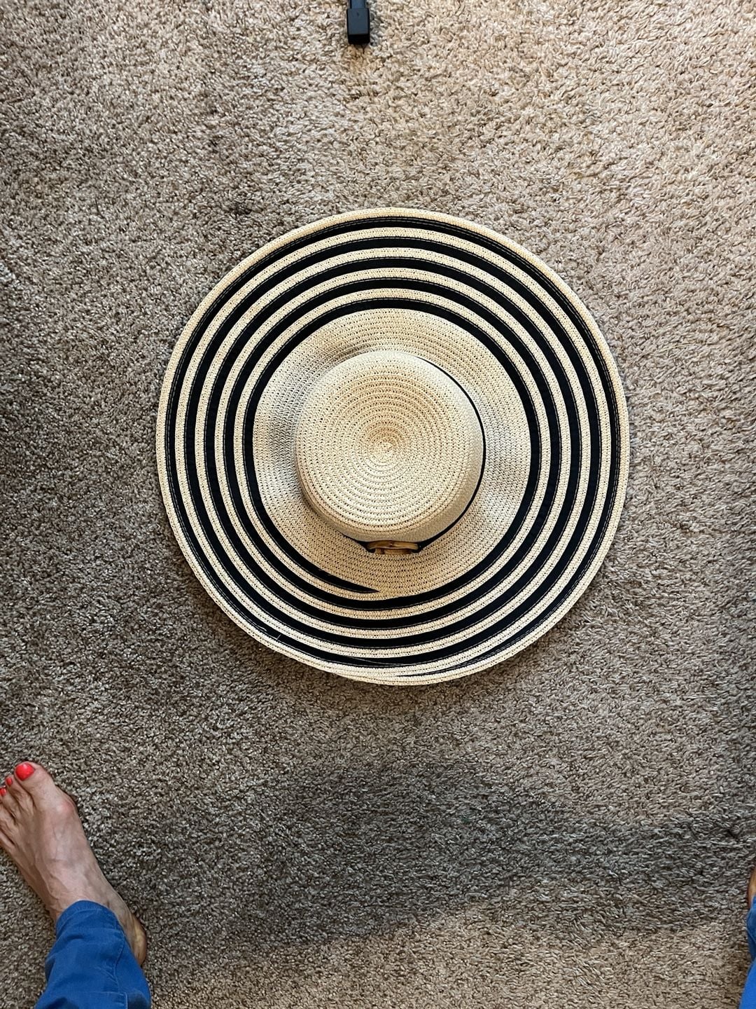 Unbranded Striped Straw Sun Hat with Black Ribbon and Gold Ring 8