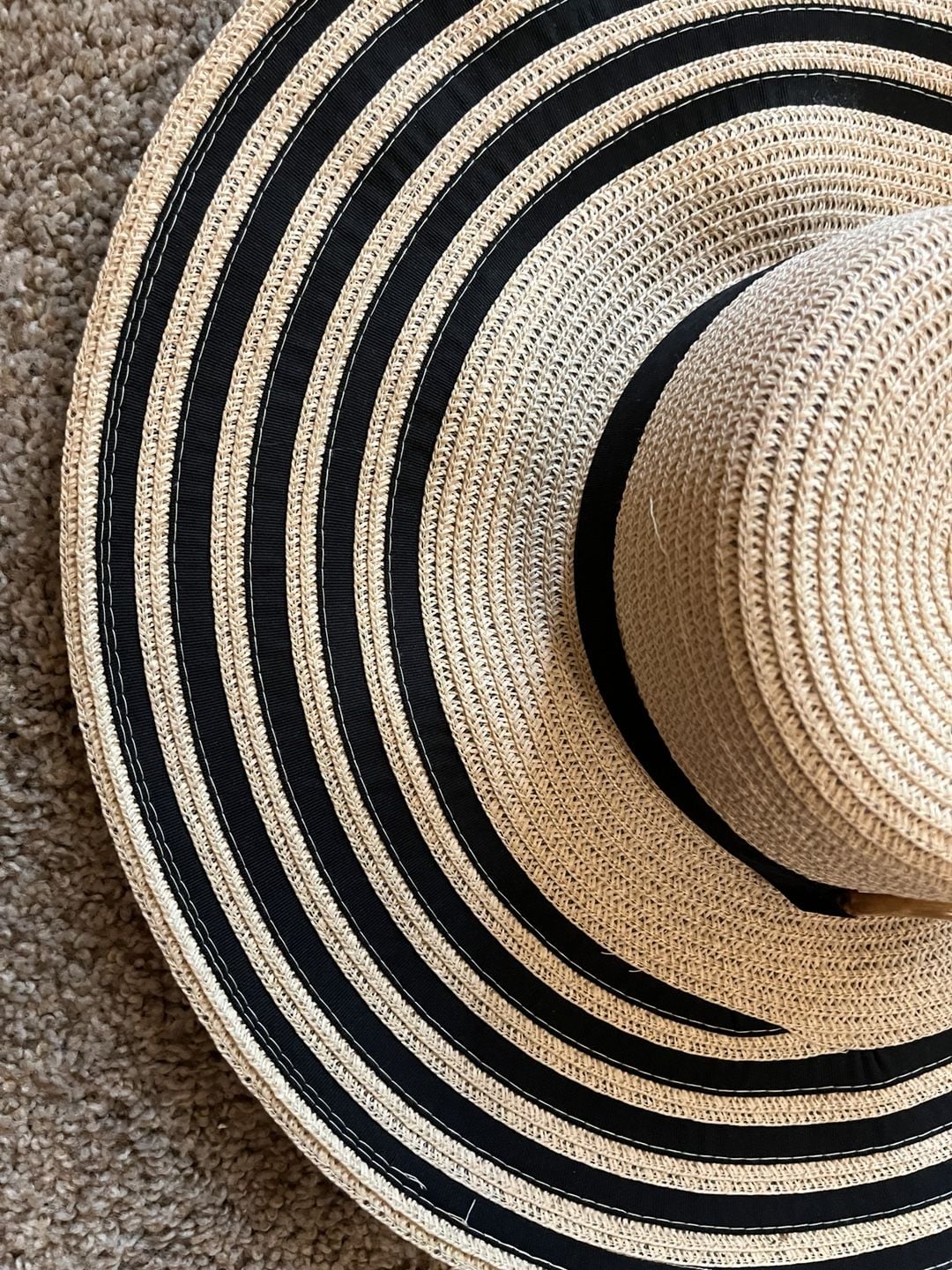 Unbranded Striped Straw Sun Hat with Black Ribbon and Gold Ring 9