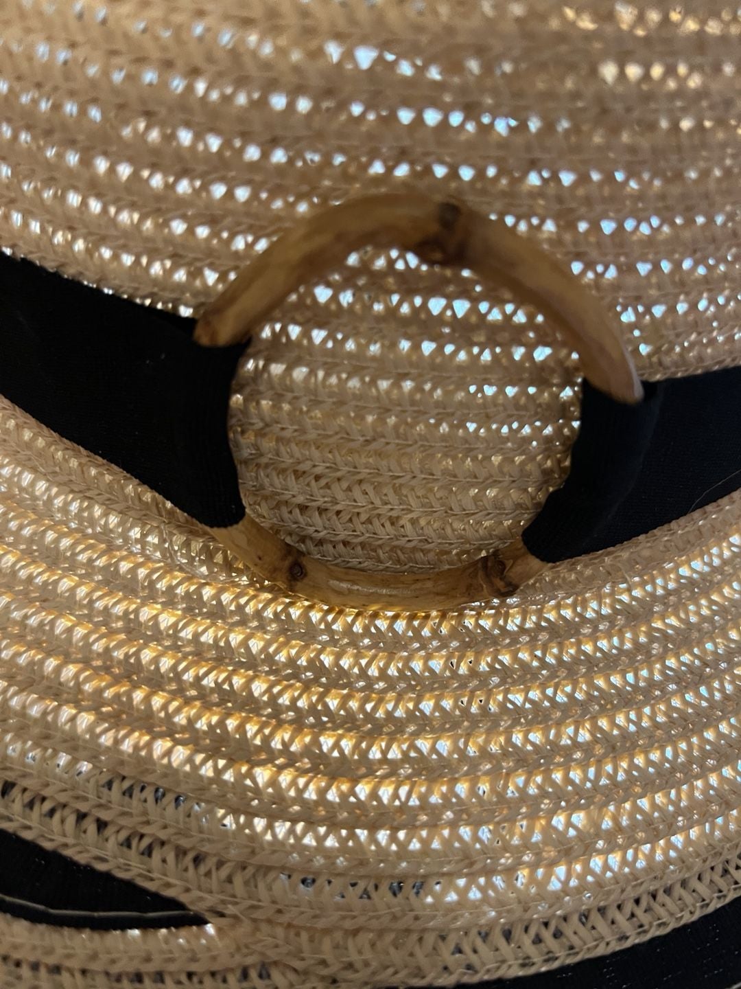 Unbranded Striped Straw Sun Hat with Black Ribbon and Gold Ring 12