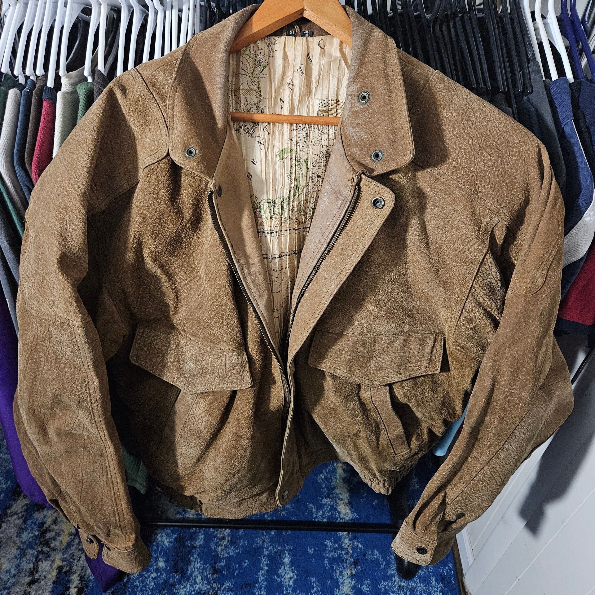 Vintage Suede Leather Bomber Jacket XL Brown Map Lining 2
