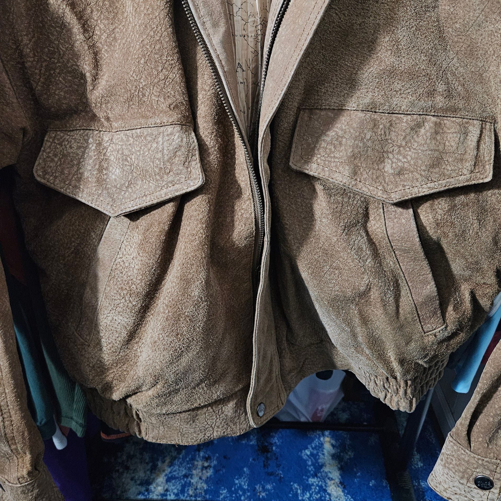 Vintage Suede Leather Bomber Jacket XL Brown Map Lining 3