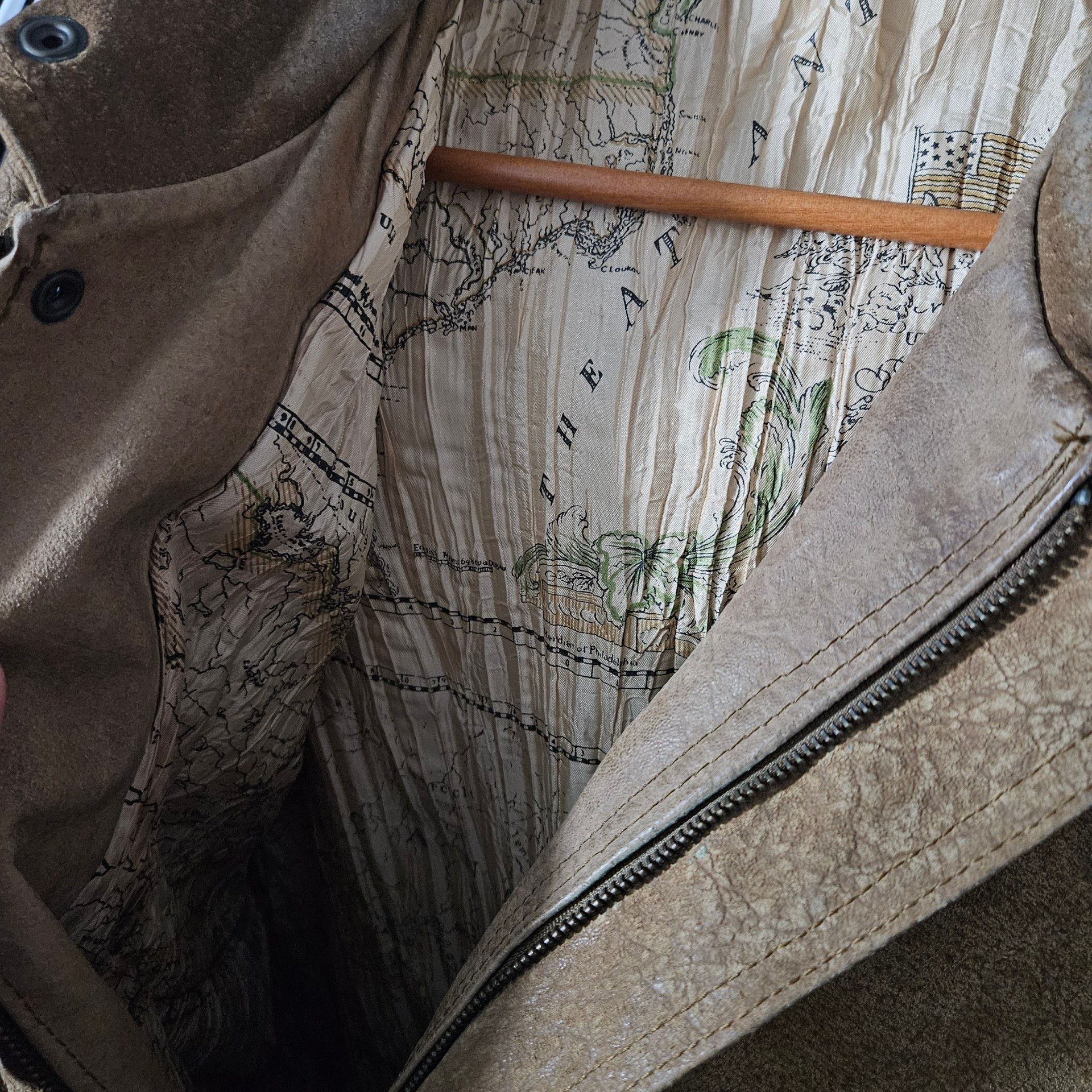 Vintage Suede Leather Bomber Jacket XL Brown Map Lining 4